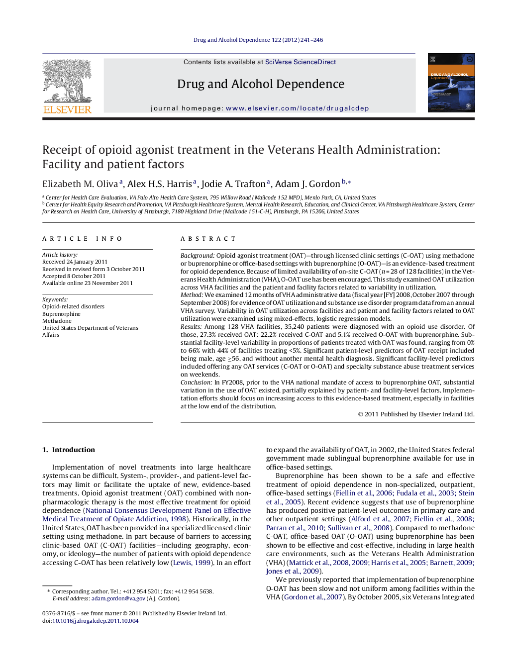 Receipt of opioid agonist treatment in the Veterans Health Administration: Facility and patient factors