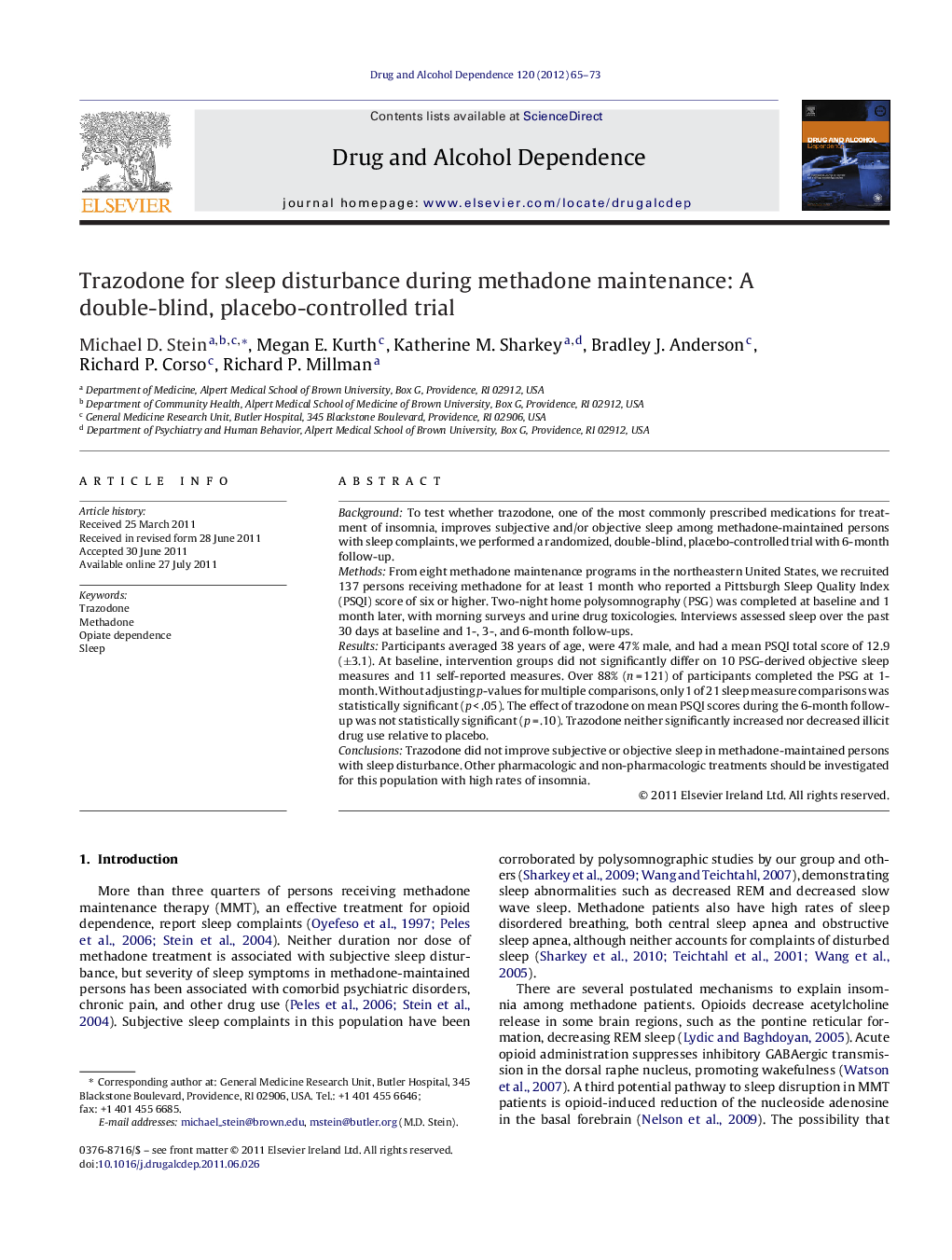 عکس صفحه اول مقاله: Trazodone for sleep disturbance during methadone maintenance: A double-blind, placebo-controlled trial Trazodone for sleep disturbance during methadone maintenance: A double-blind, placebo-controlled trial