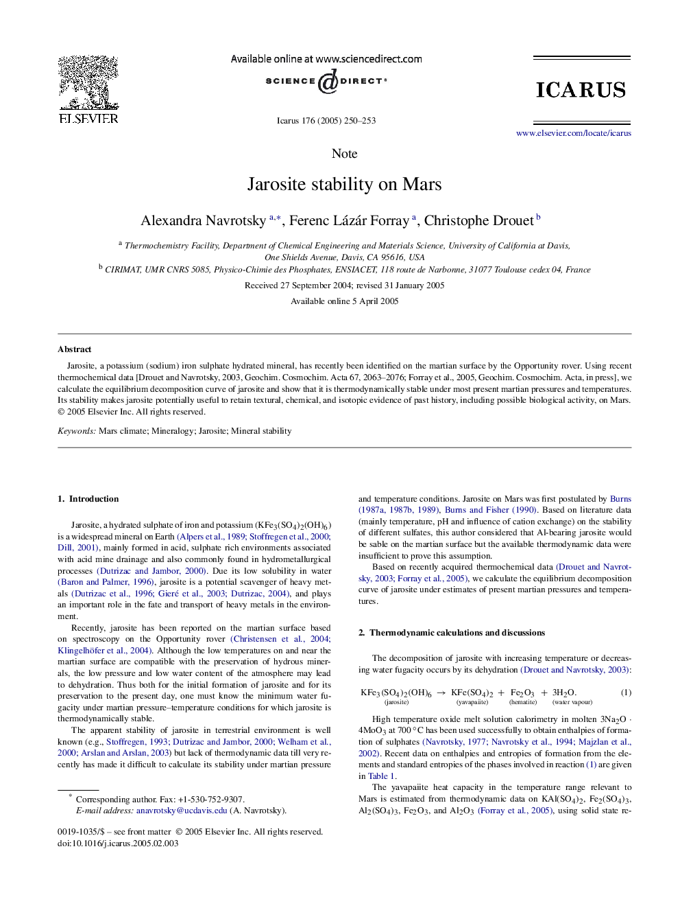 Jarosite stability on Mars