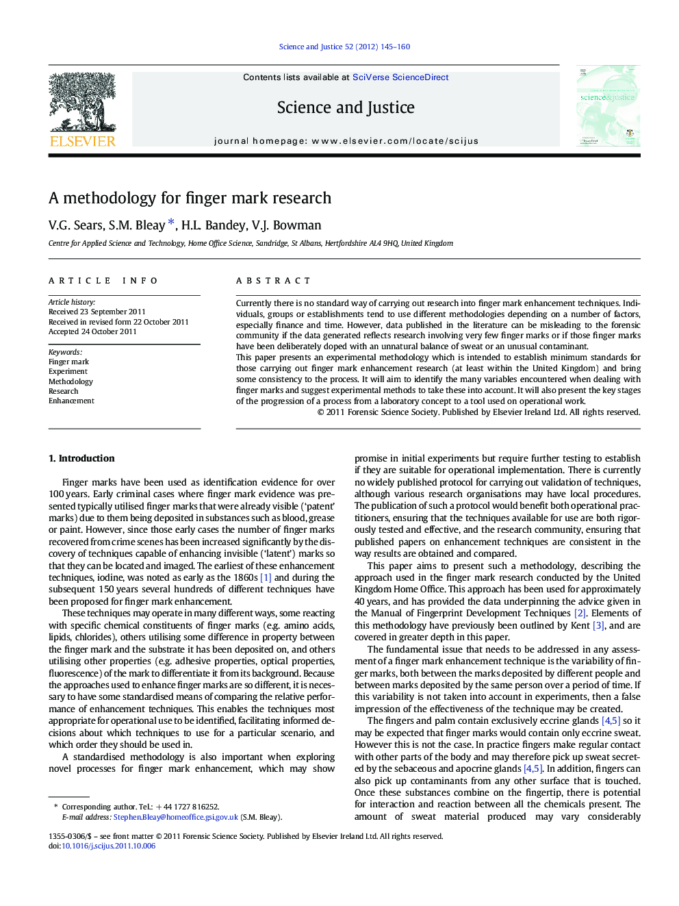 A methodology for finger mark research