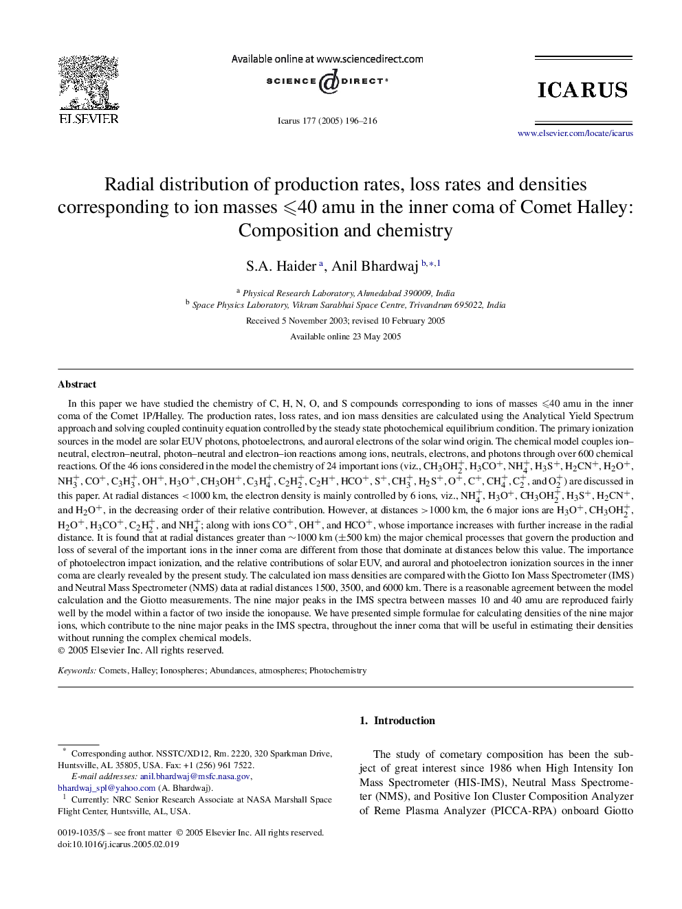 Radial distribution of production rates, loss rates and densities corresponding to ion masses â©½40 amu in the inner coma of Comet Halley: Composition and chemistry