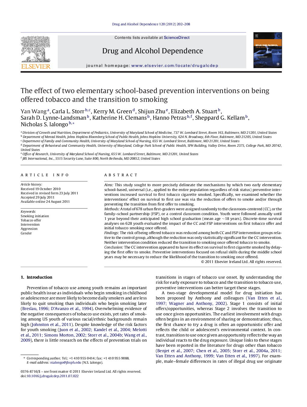 The effect of two elementary school-based prevention interventions on being offered tobacco and the transition to smoking