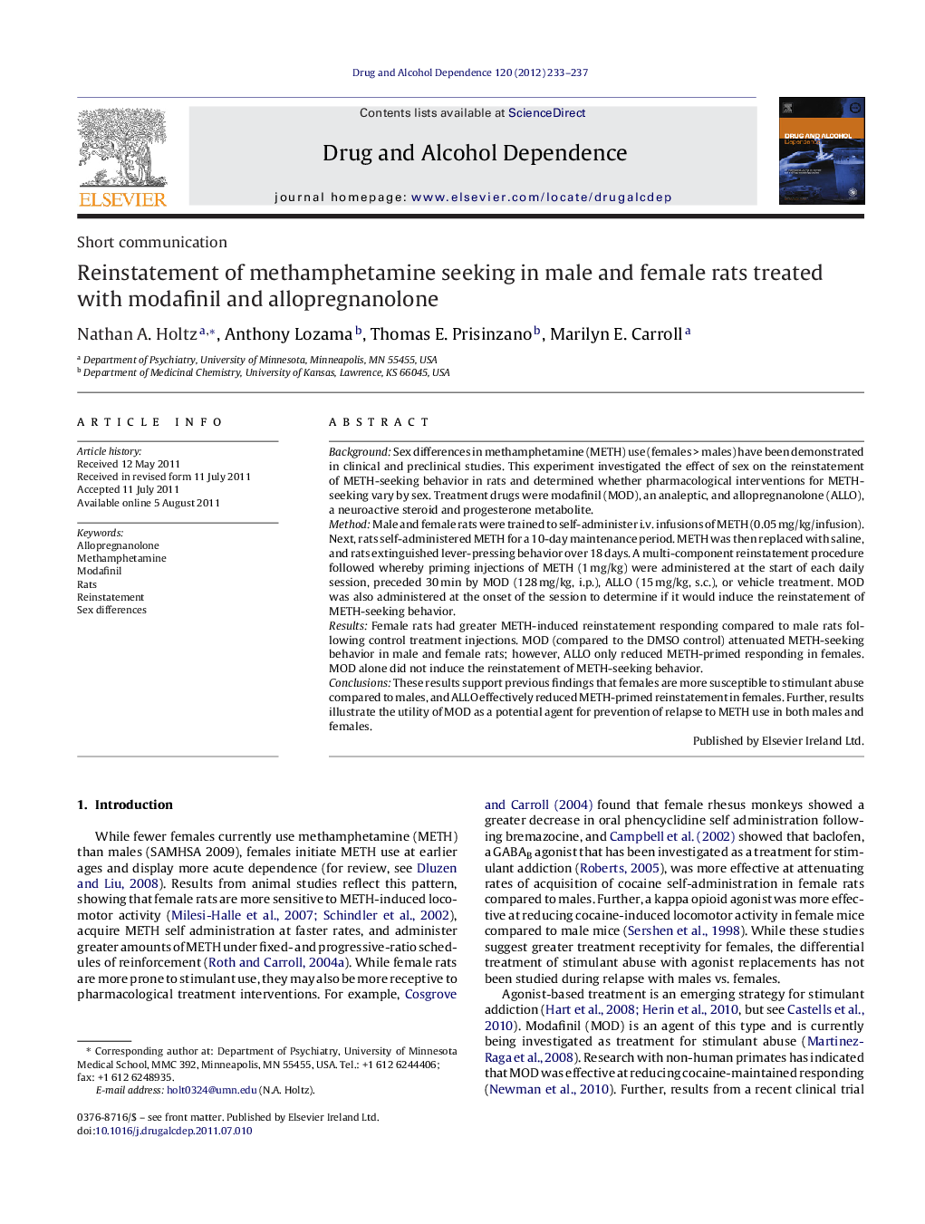 Reinstatement of methamphetamine seeking in male and female rats treated with modafinil and allopregnanolone