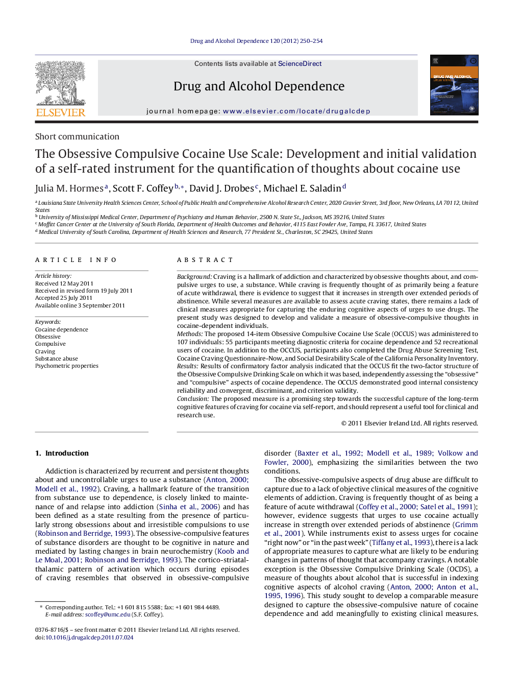 The Obsessive Compulsive Cocaine Use Scale: Development and initial validation of a self-rated instrument for the quantification of thoughts about cocaine use