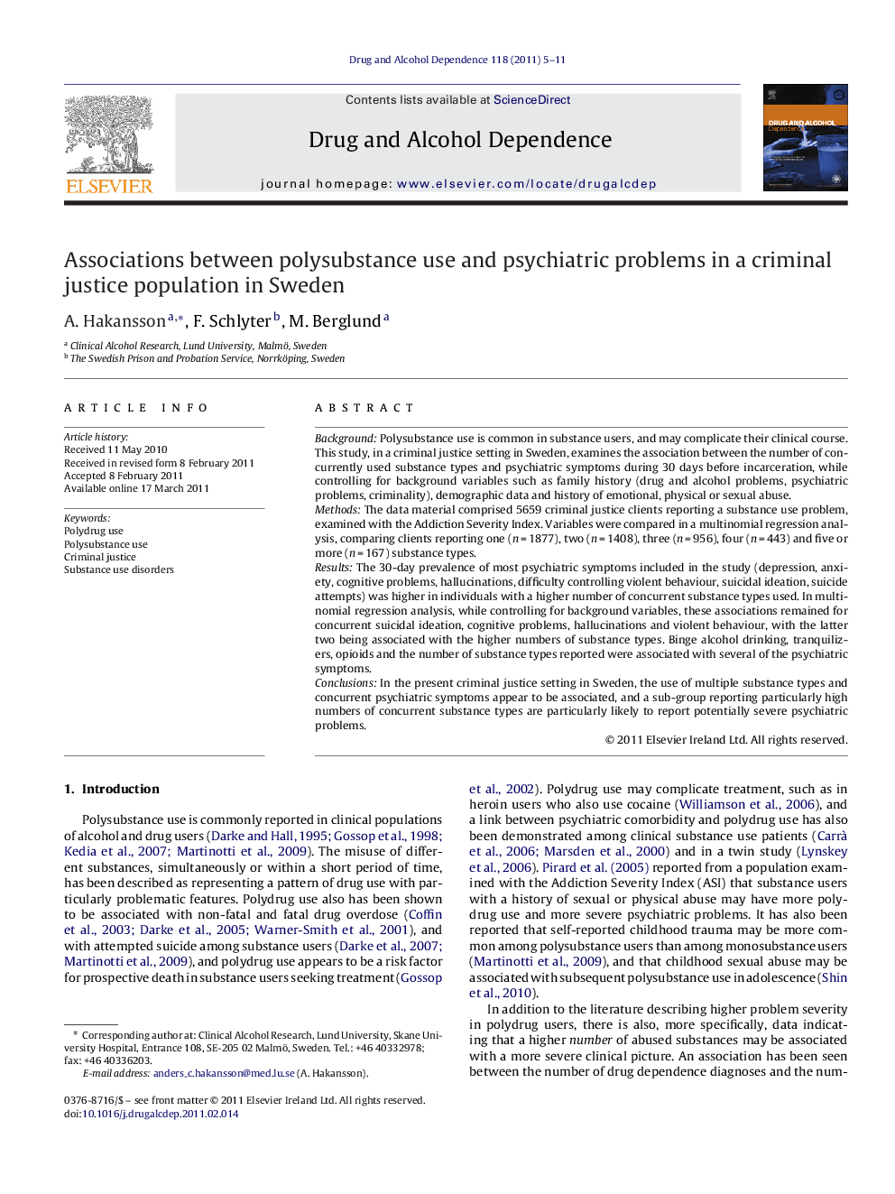 Associations between polysubstance use and psychiatric problems in a criminal justice population in Sweden