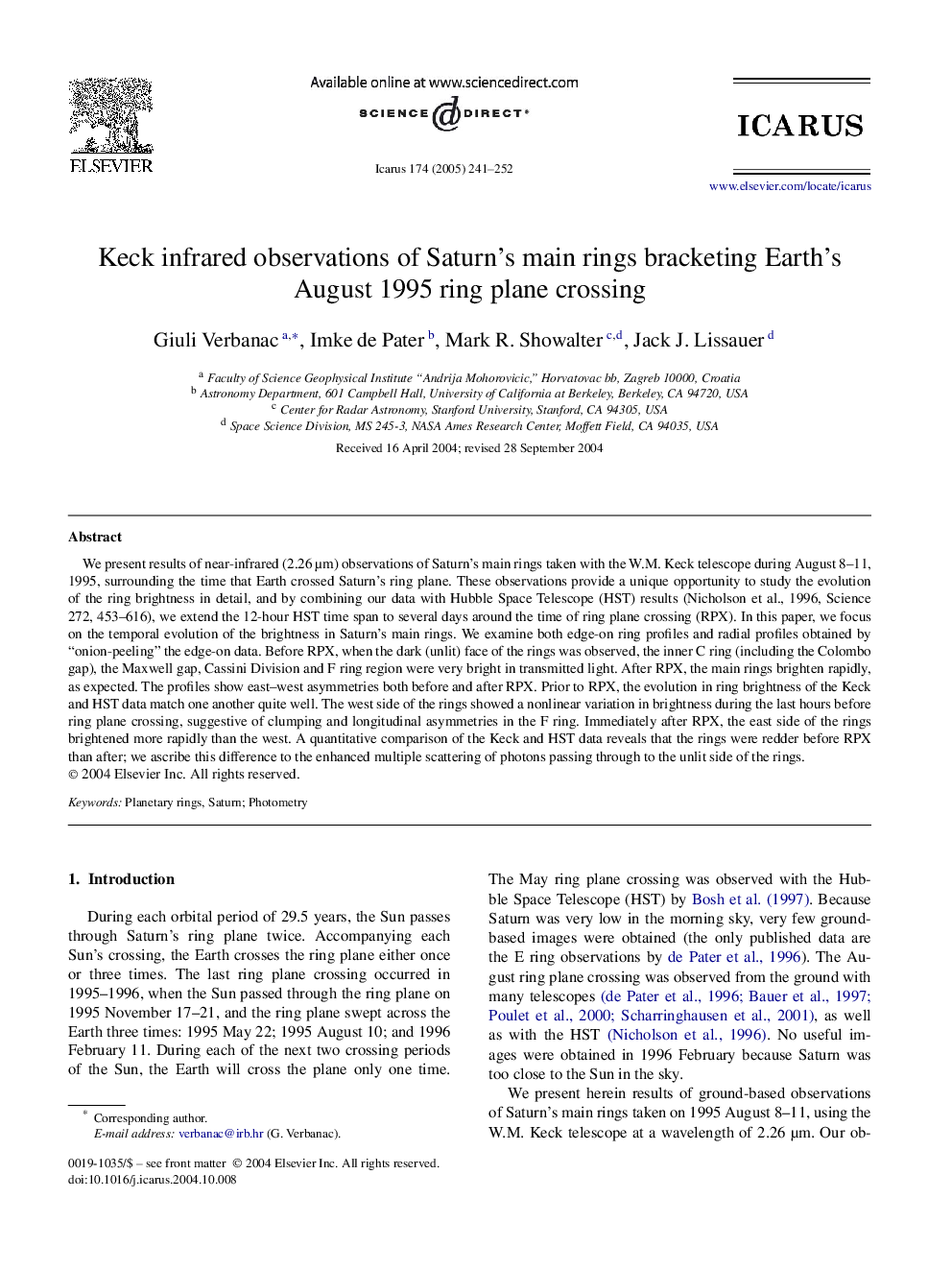 Keck infrared observations of Saturn's main rings bracketing Earth's August 1995 ring plane crossing