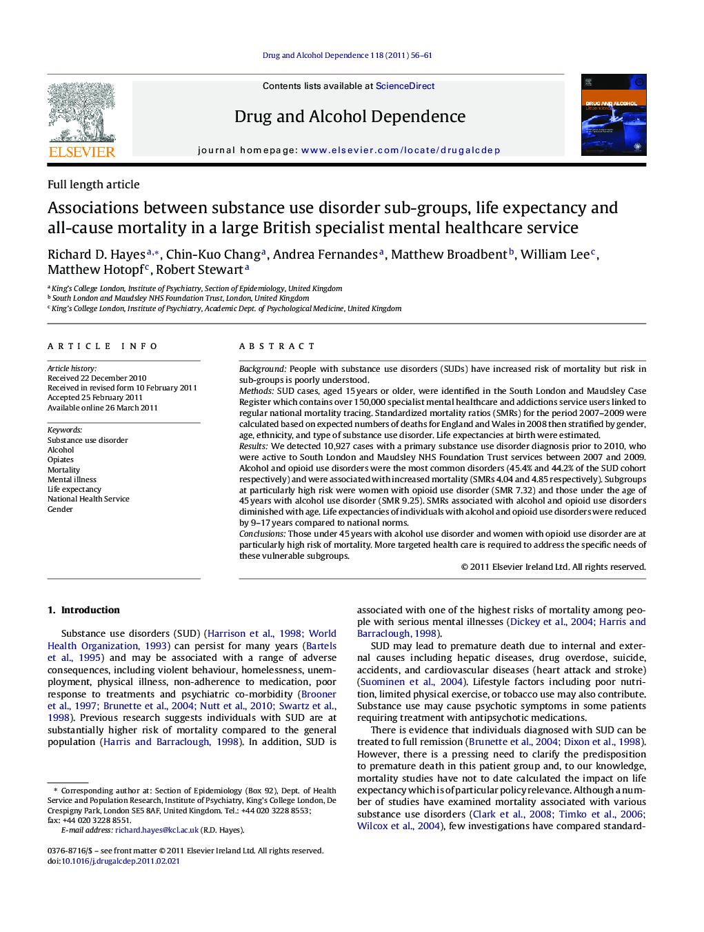 Associations between substance use disorder sub-groups, life expectancy and all-cause mortality in a large British specialist mental healthcare service