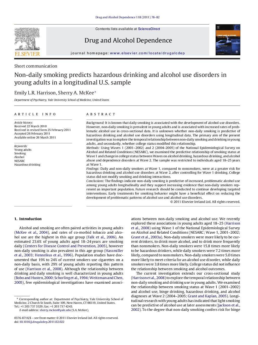 Non-daily smoking predicts hazardous drinking and alcohol use disorders in young adults in a longitudinal U.S. sample