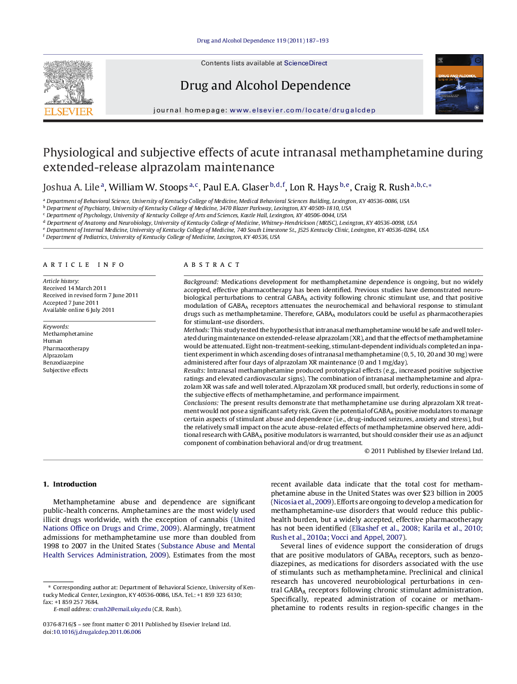 Physiological and subjective effects of acute intranasal methamphetamine during extended-release alprazolam maintenance