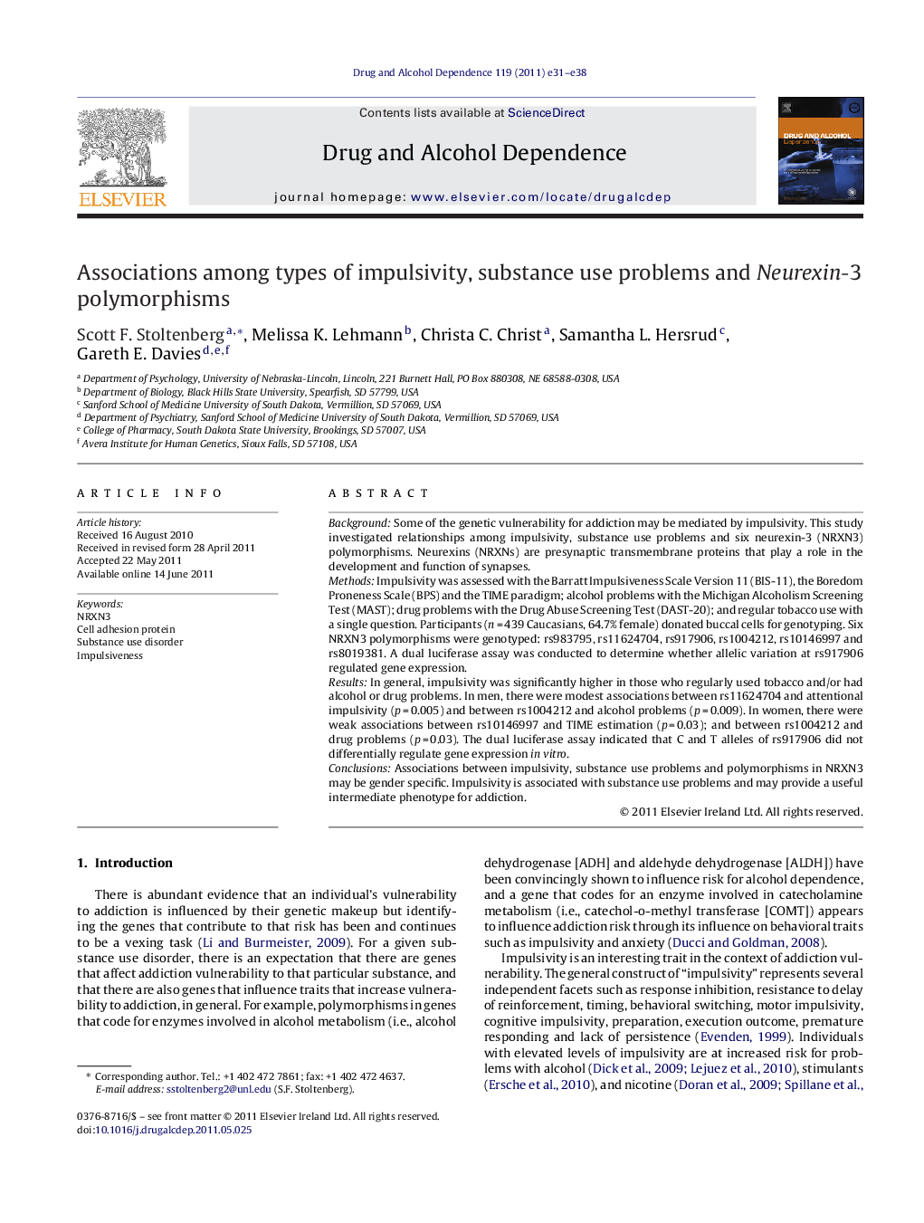 Associations among types of impulsivity, substance use problems and Neurexin-3 polymorphisms