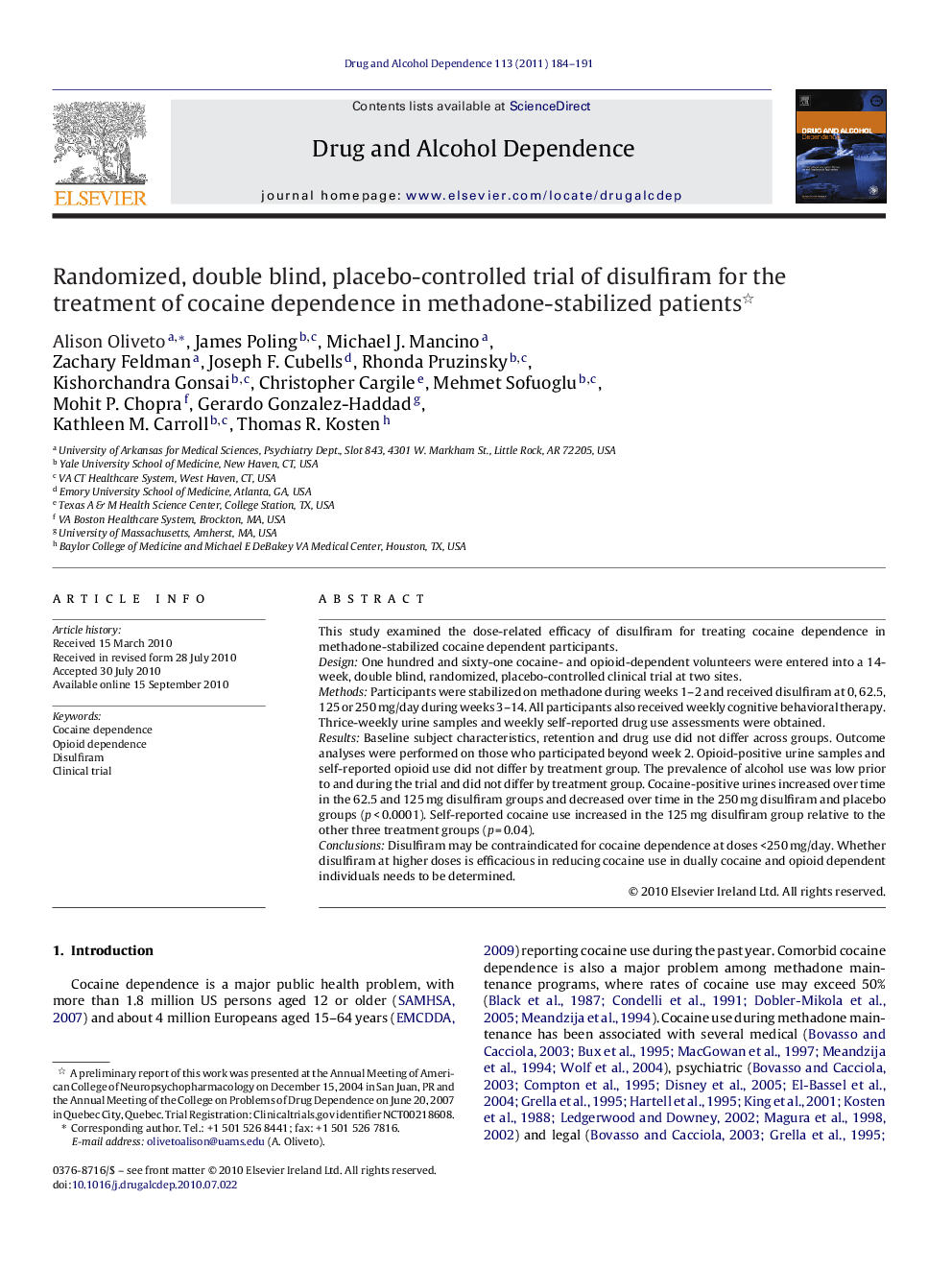 Randomized, double blind, placebo-controlled trial of disulfiram for the treatment of cocaine dependence in methadone-stabilized patients 