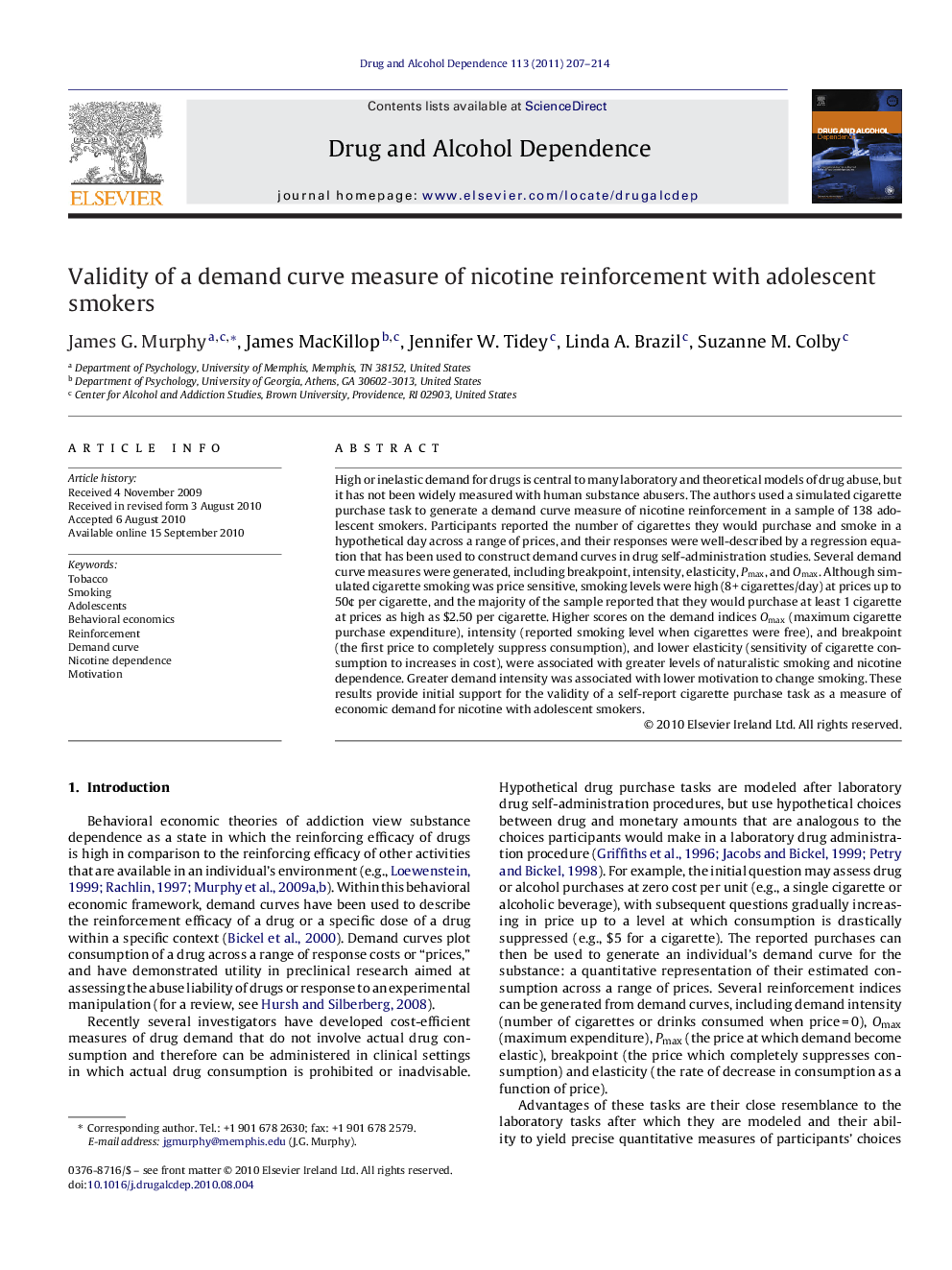 Validity of a demand curve measure of nicotine reinforcement with adolescent smokers