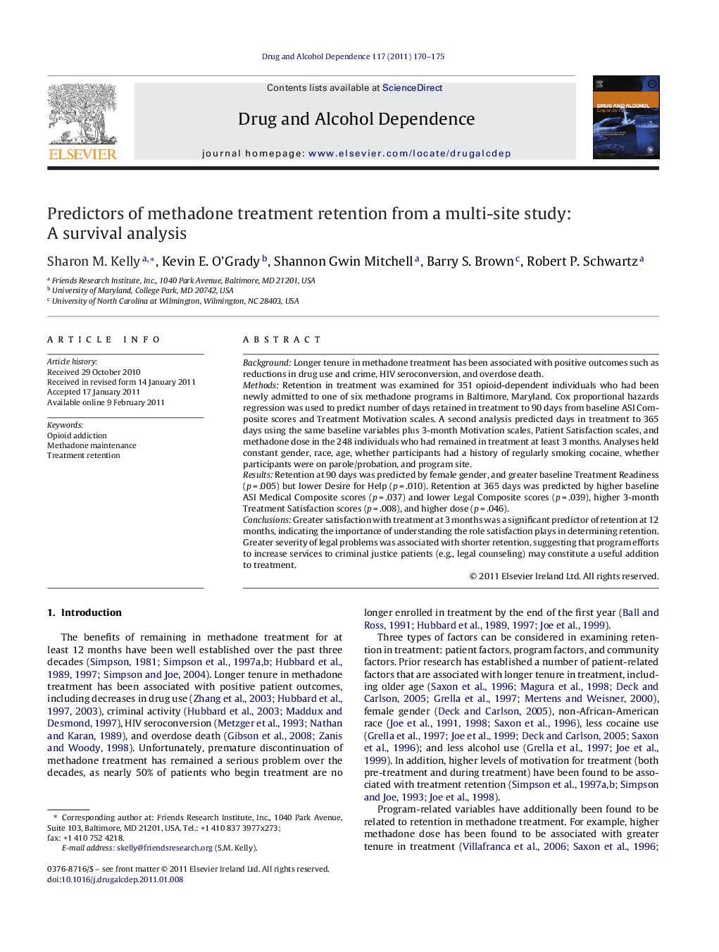 Predictors of methadone treatment retention from a multi-site study: A survival analysis