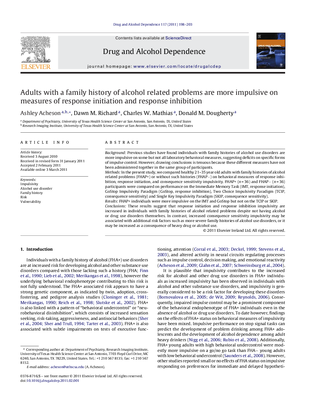 Adults with a family history of alcohol related problems are more impulsive on measures of response initiation and response inhibition