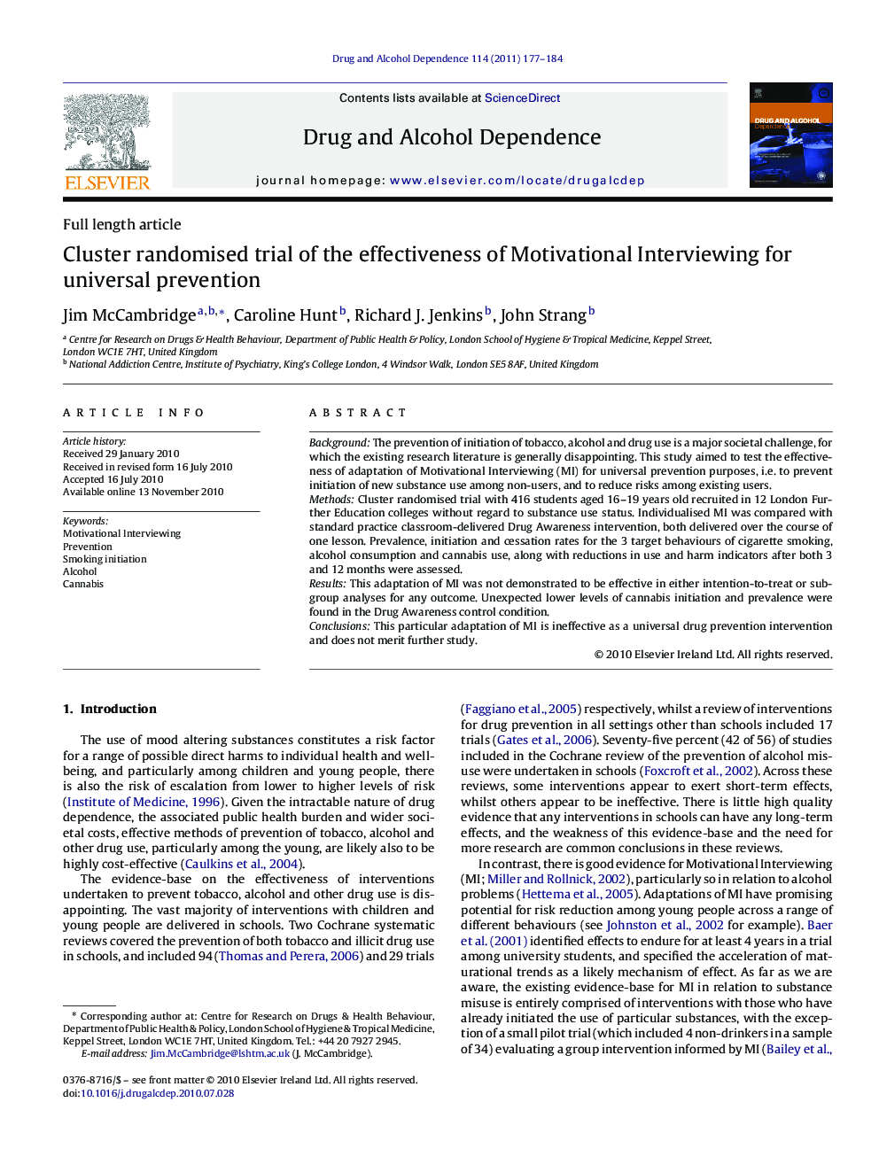 Cluster randomised trial of the effectiveness of Motivational Interviewing for universal prevention