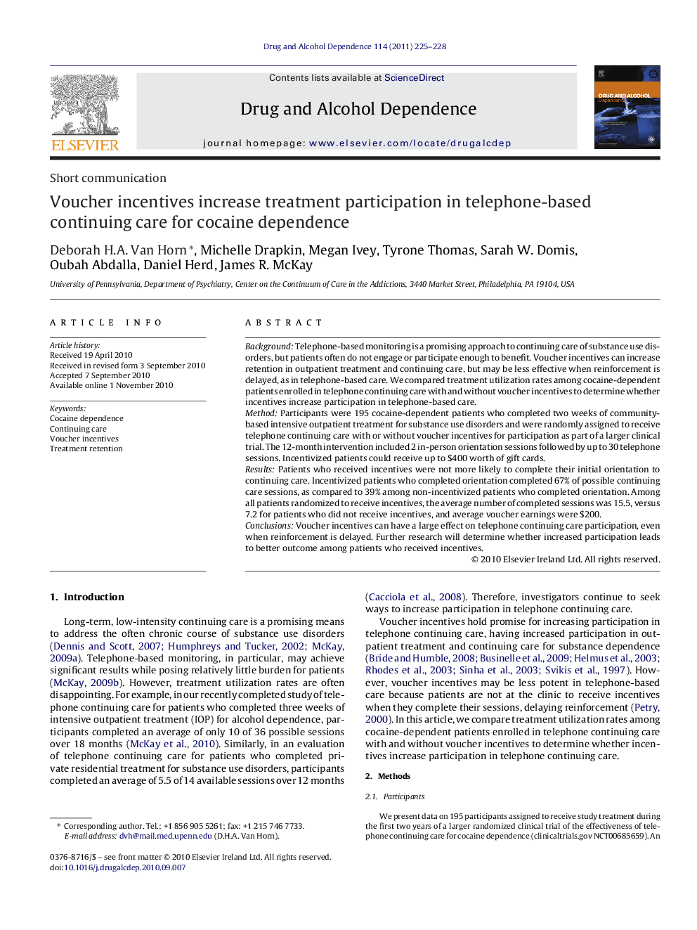 Voucher incentives increase treatment participation in telephone-based continuing care for cocaine dependence