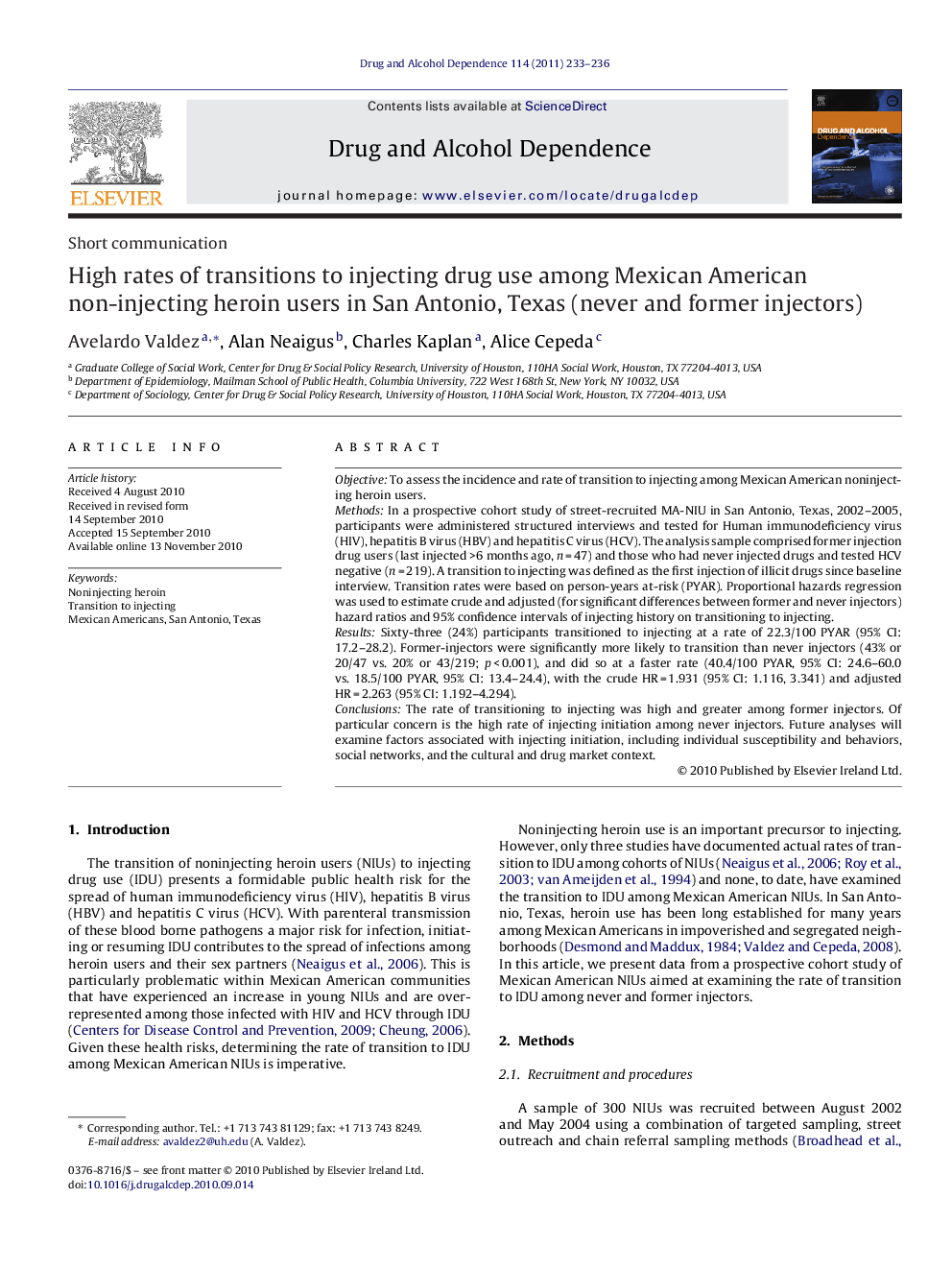 High rates of transitions to injecting drug use among Mexican American non-injecting heroin users in San Antonio, Texas (never and former injectors)