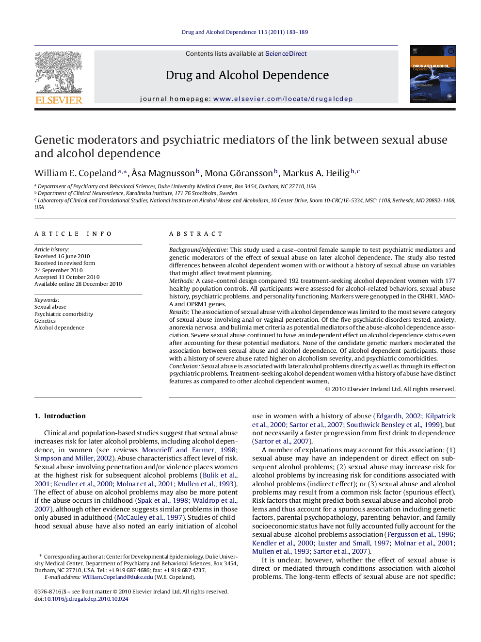 Genetic moderators and psychiatric mediators of the link between sexual abuse and alcohol dependence