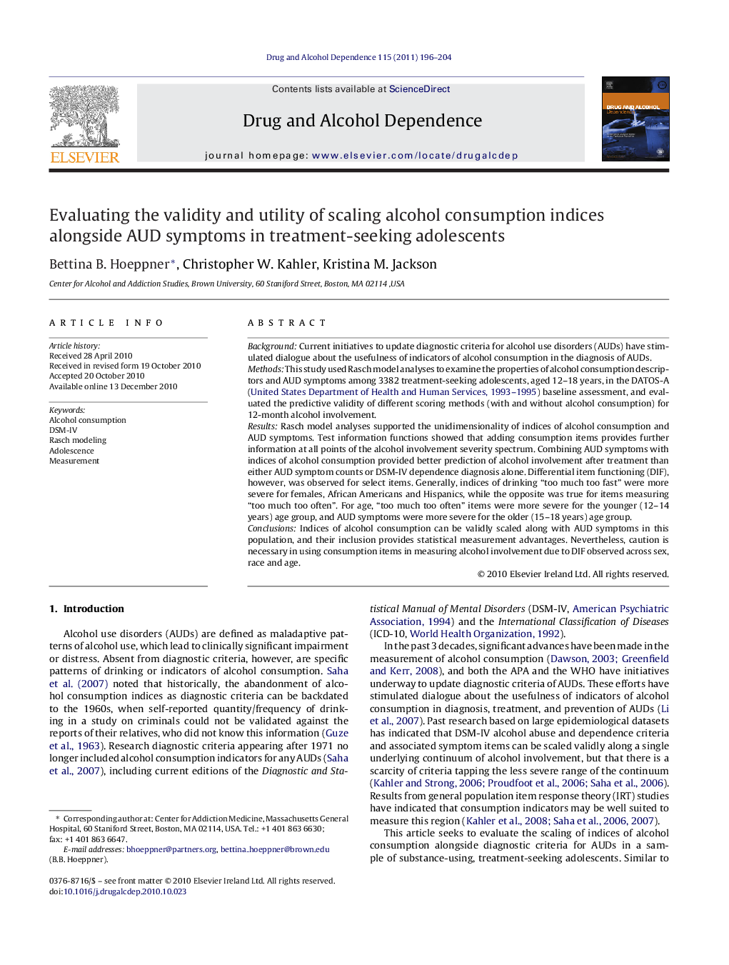 عکس صفحه اول مقاله: Evaluating the validity and utility of scaling alcohol consumption indices alongside AUD symptoms in treatment-seeking adolescents Evaluating the validity and utility of scaling alcohol consumption indices alongside AUD symptoms in treatment-seeking adolescents