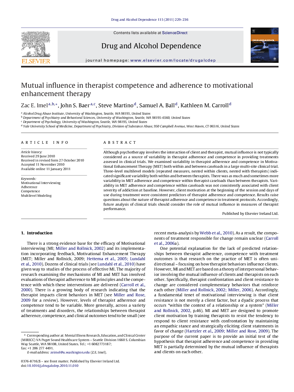 Mutual influence in therapist competence and adherence to motivational enhancement therapy