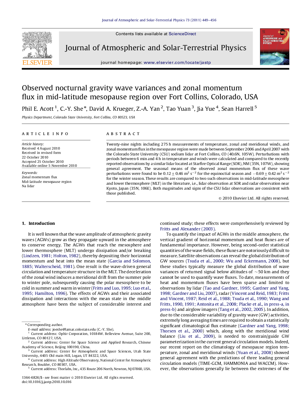 Observed nocturnal gravity wave variances and zonal momentum flux in mid-latitude mesopause region over Fort Collins, Colorado, USA