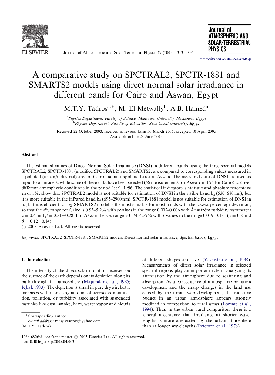 A comparative study on SPCTRAL2, SPCTR-1881 and SMARTS2 models using direct normal solar irradiance in different bands for Cairo and Aswan, Egypt