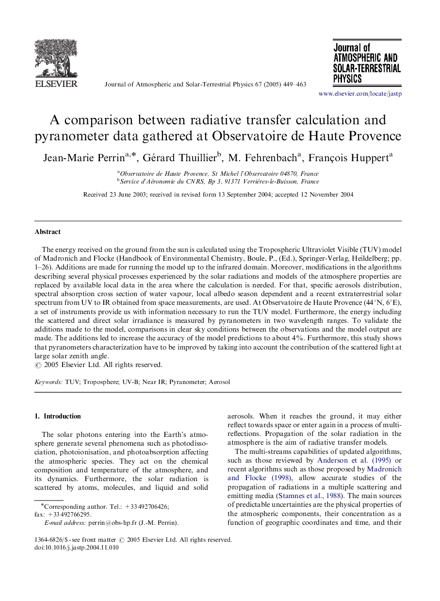 A comparison between radiative transfer calculation and pyranometer data gathered at Observatoire de Haute Provence