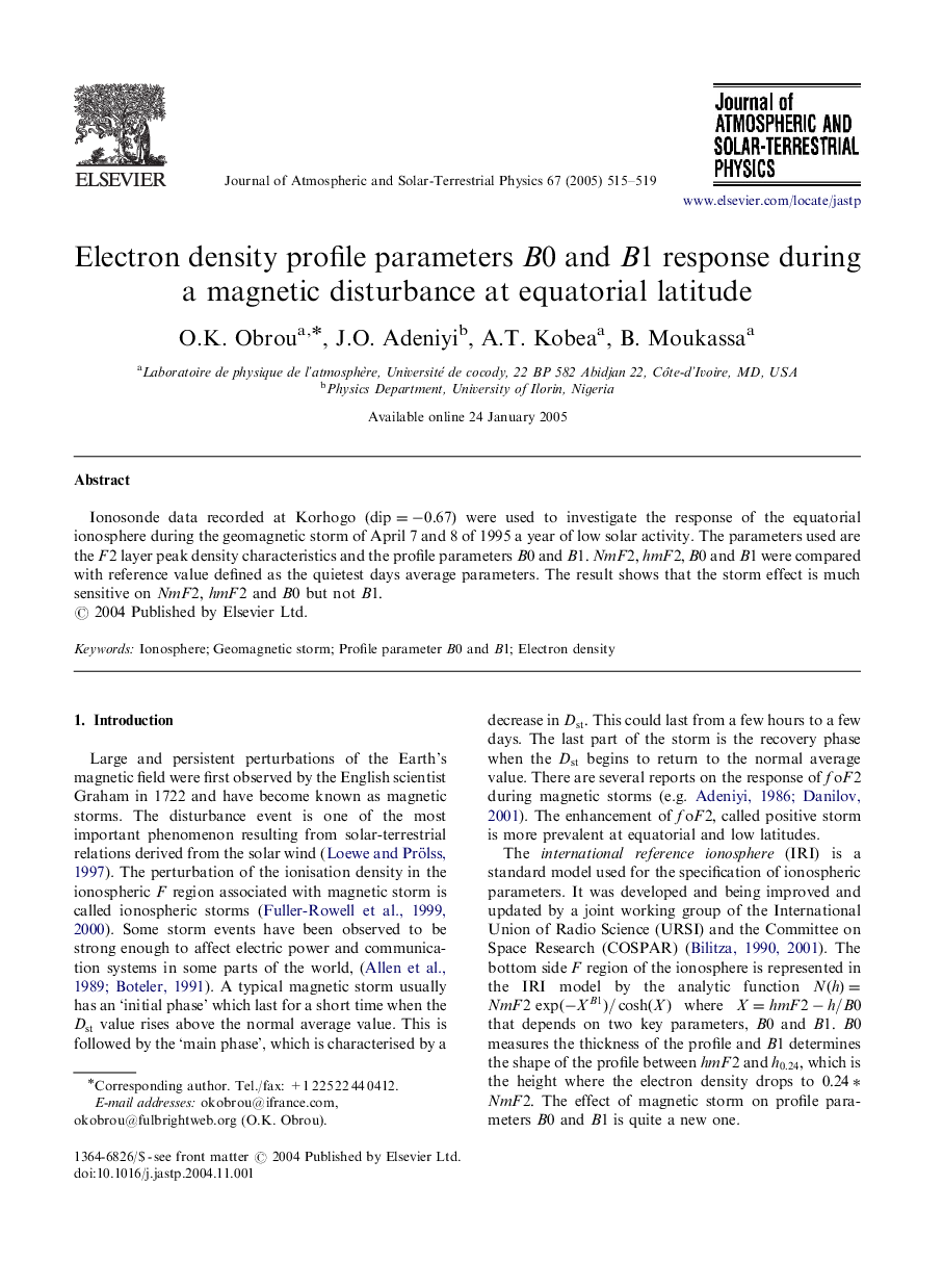 Electron density profile parameters B0 and B1 response during a magnetic disturbance at equatorial latitude