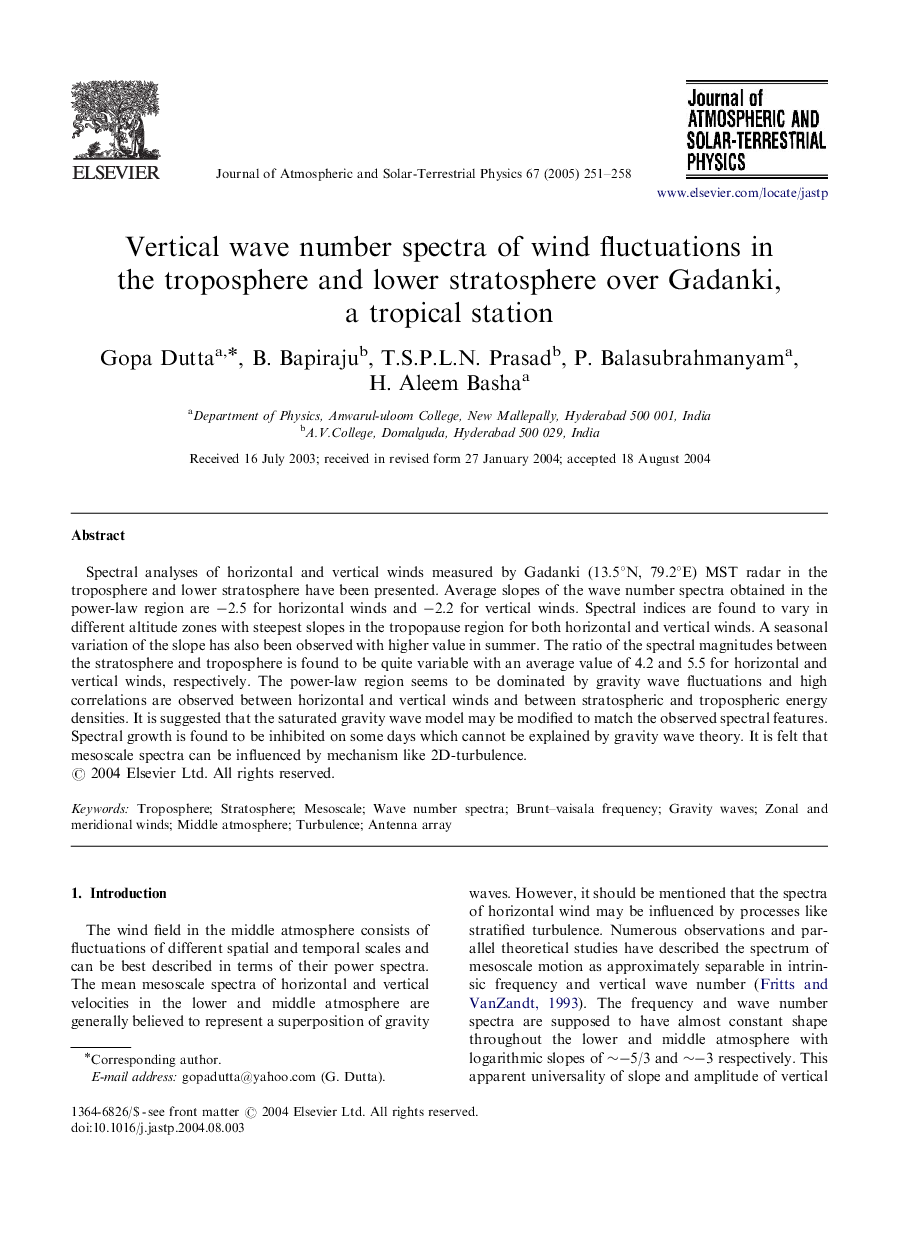 Vertical wave number spectra of wind fluctuations in the troposphere and lower stratosphere over Gadanki, a tropical station