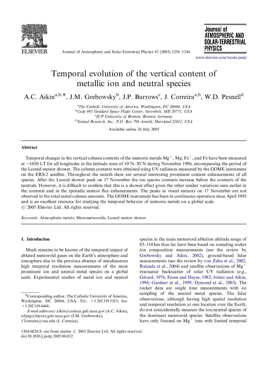 Temporal evolution of the vertical content of metallic ion and neutral species