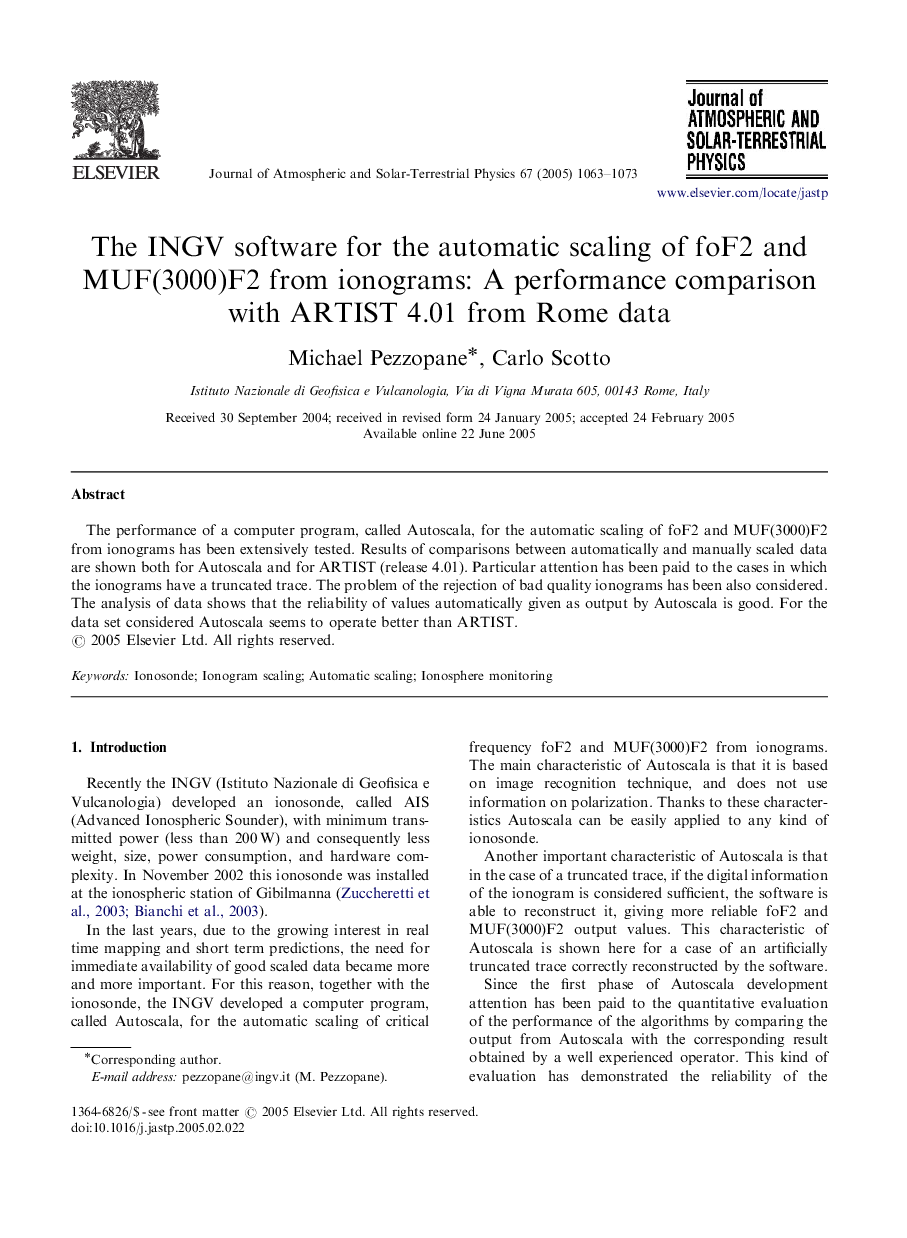 The INGV software for the automatic scaling of foF2 and MUF(3000)F2 from ionograms: A performance comparison with ARTIST 4.01 from Rome data