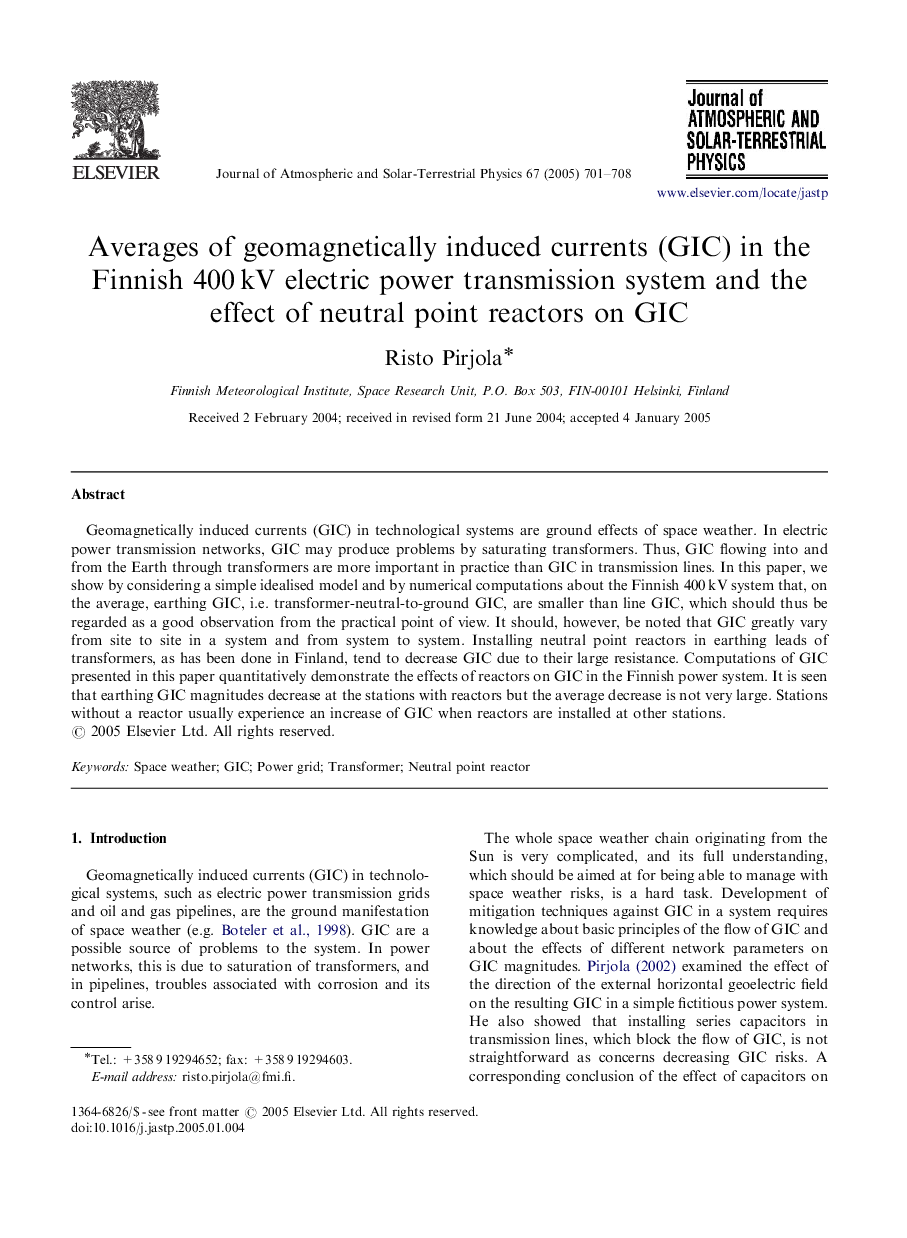 Averages of geomagnetically induced currents (GIC) in the Finnish 400Â kV electric power transmission system and the effect of neutral point reactors on GIC