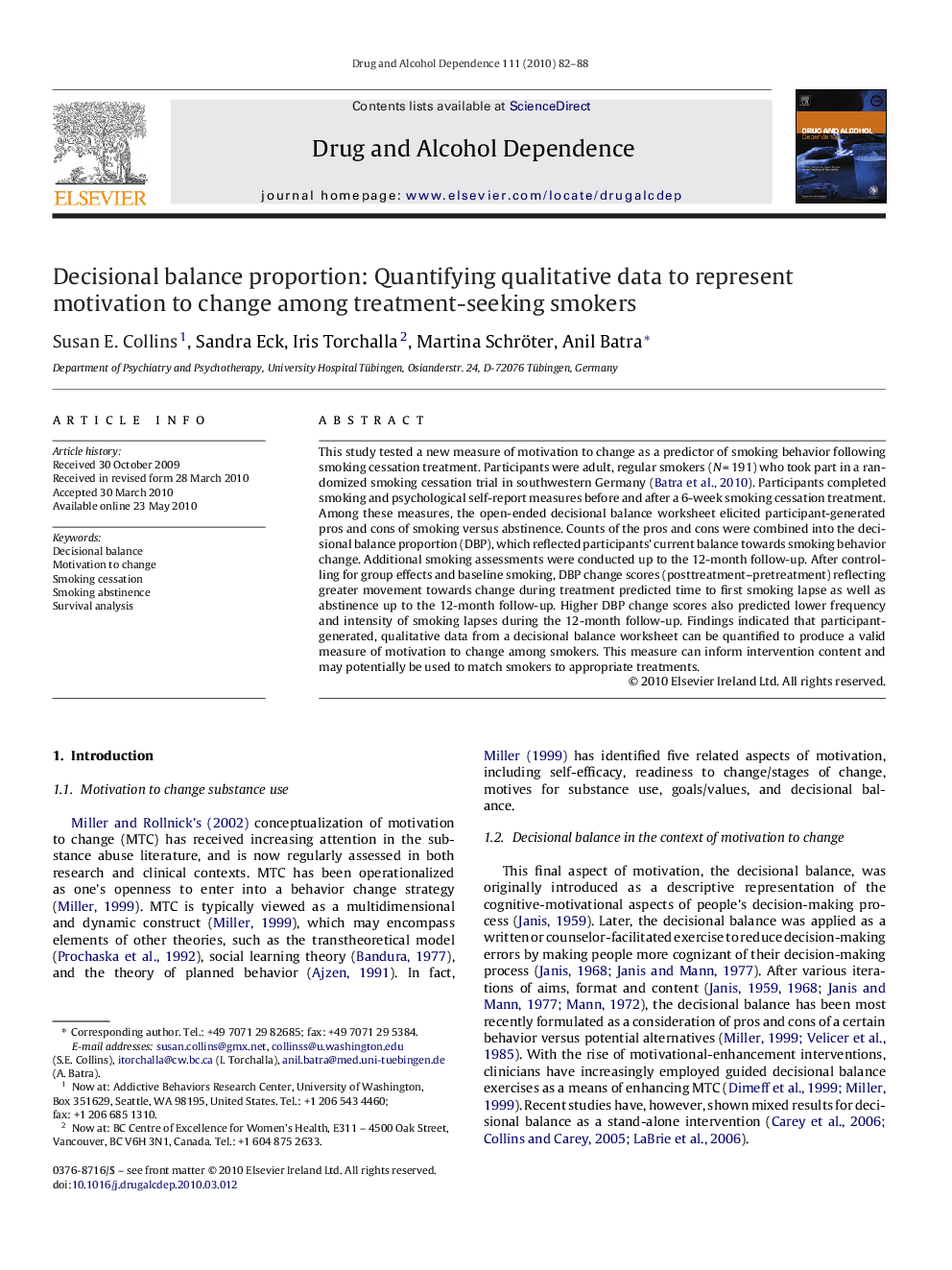 Decisional balance proportion: Quantifying qualitative data to represent motivation to change among treatment-seeking smokers