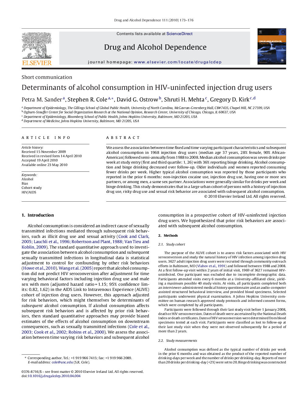 Determinants of alcohol consumption in HIV-uninfected injection drug users