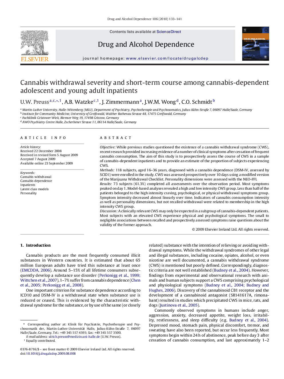 Cannabis withdrawal severity and short-term course among cannabis-dependent adolescent and young adult inpatients