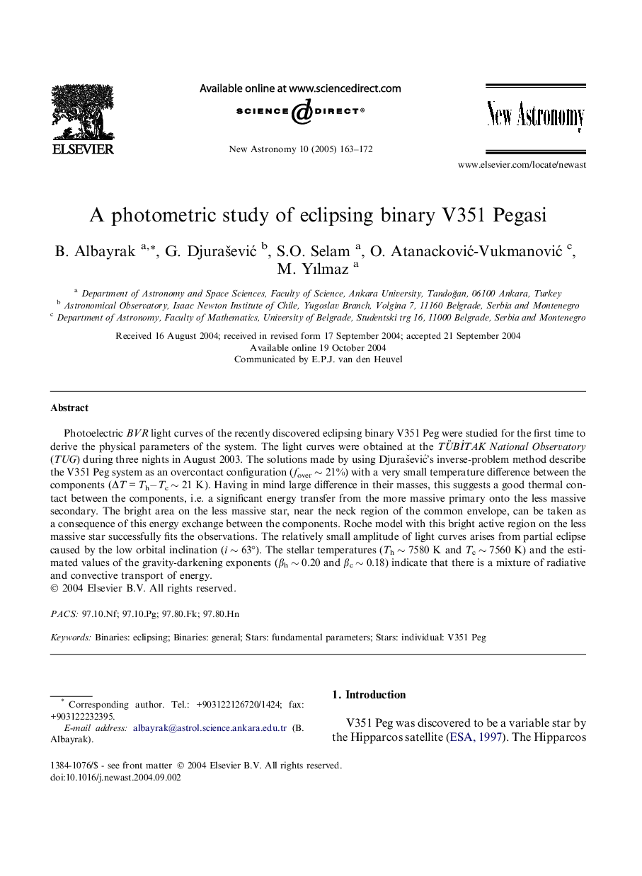 A photometric study of eclipsing binary V351 Pegasi