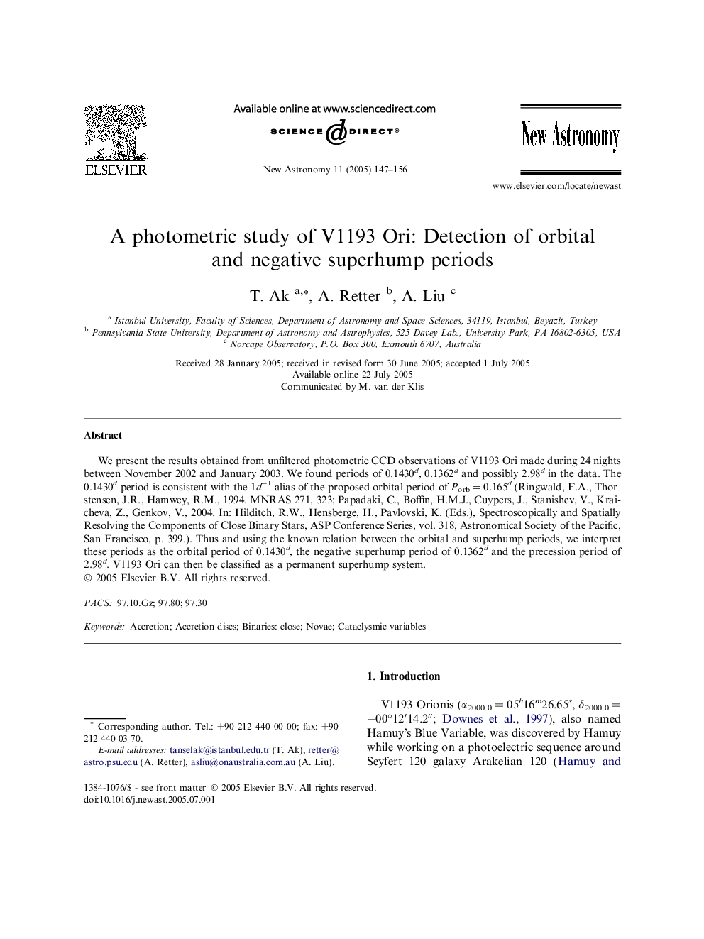 A photometric study of V1193 Ori: Detection of orbital and negative superhump periods