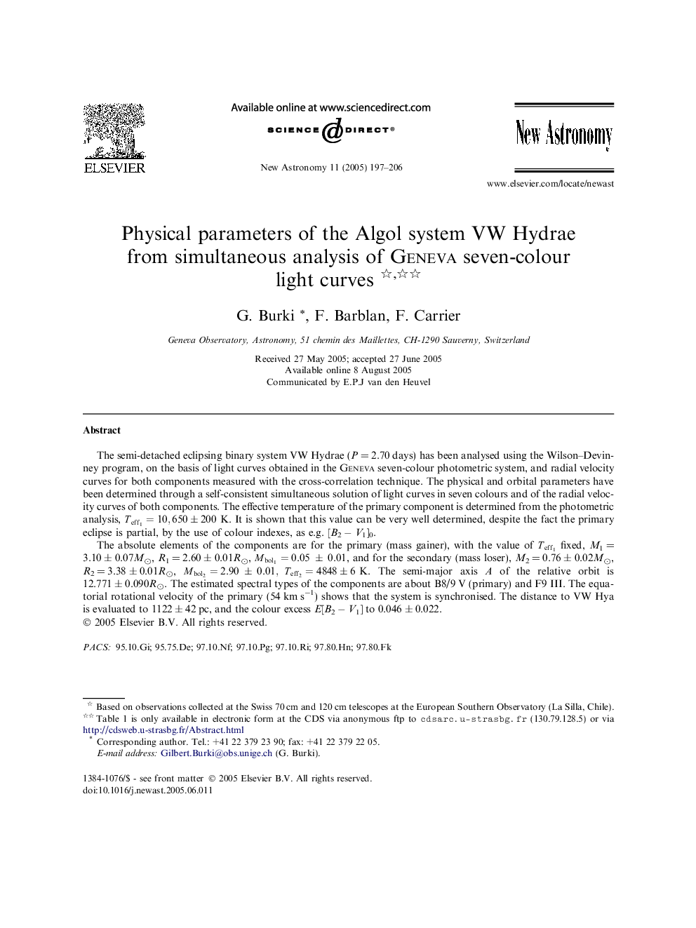 Physical parameters of the Algol system VW Hydrae from simultaneous analysis of Geneva seven-colour light curves