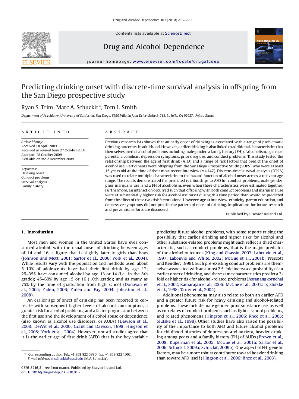 عکس صفحه اول مقاله: Predicting drinking onset with discrete-time survival analysis in offspring from the San Diego prospective study Predicting drinking onset with discrete-time survival analysis in offspring from the San Diego prospective study