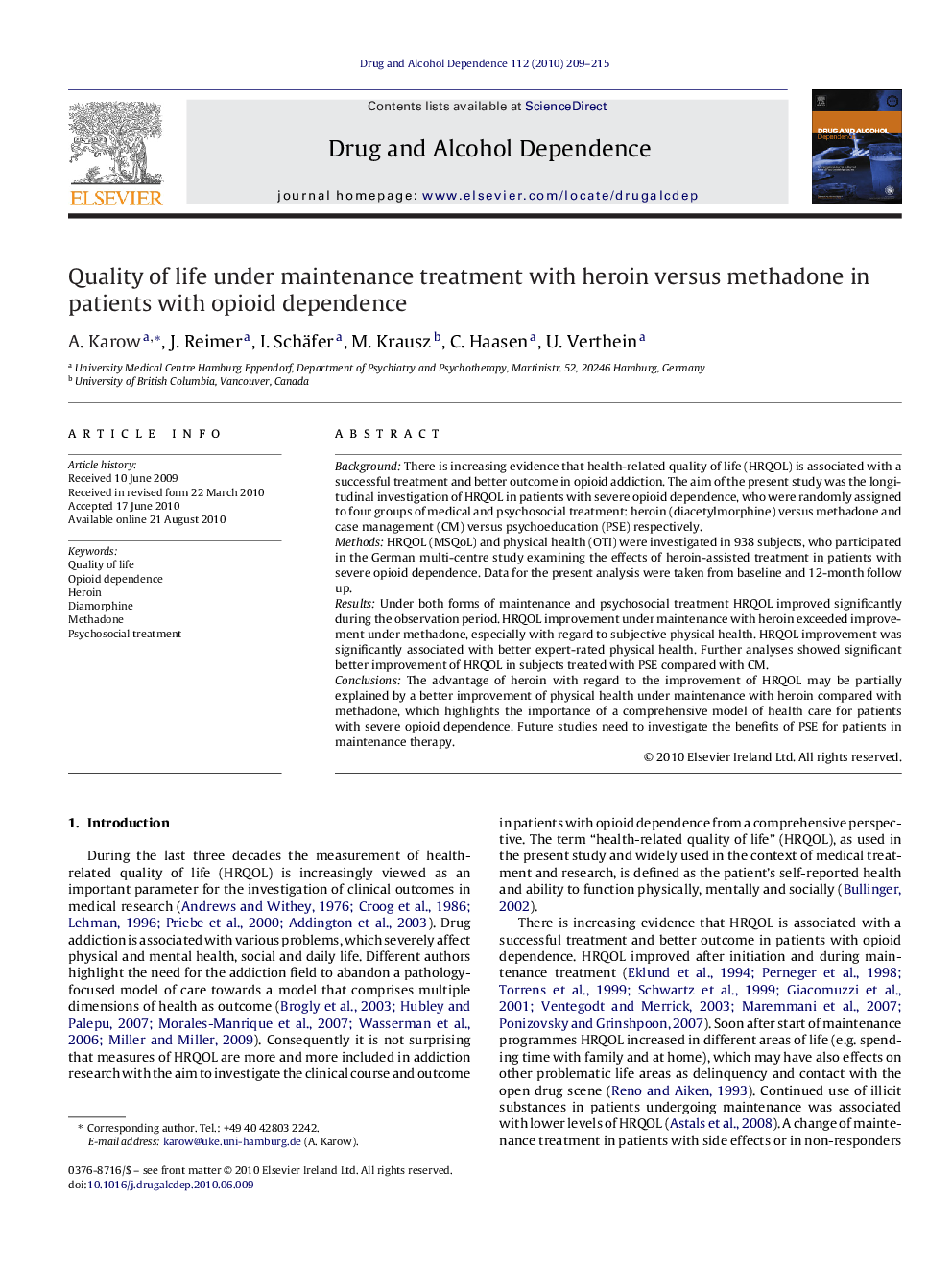 Quality of life under maintenance treatment with heroin versus methadone in patients with opioid dependence