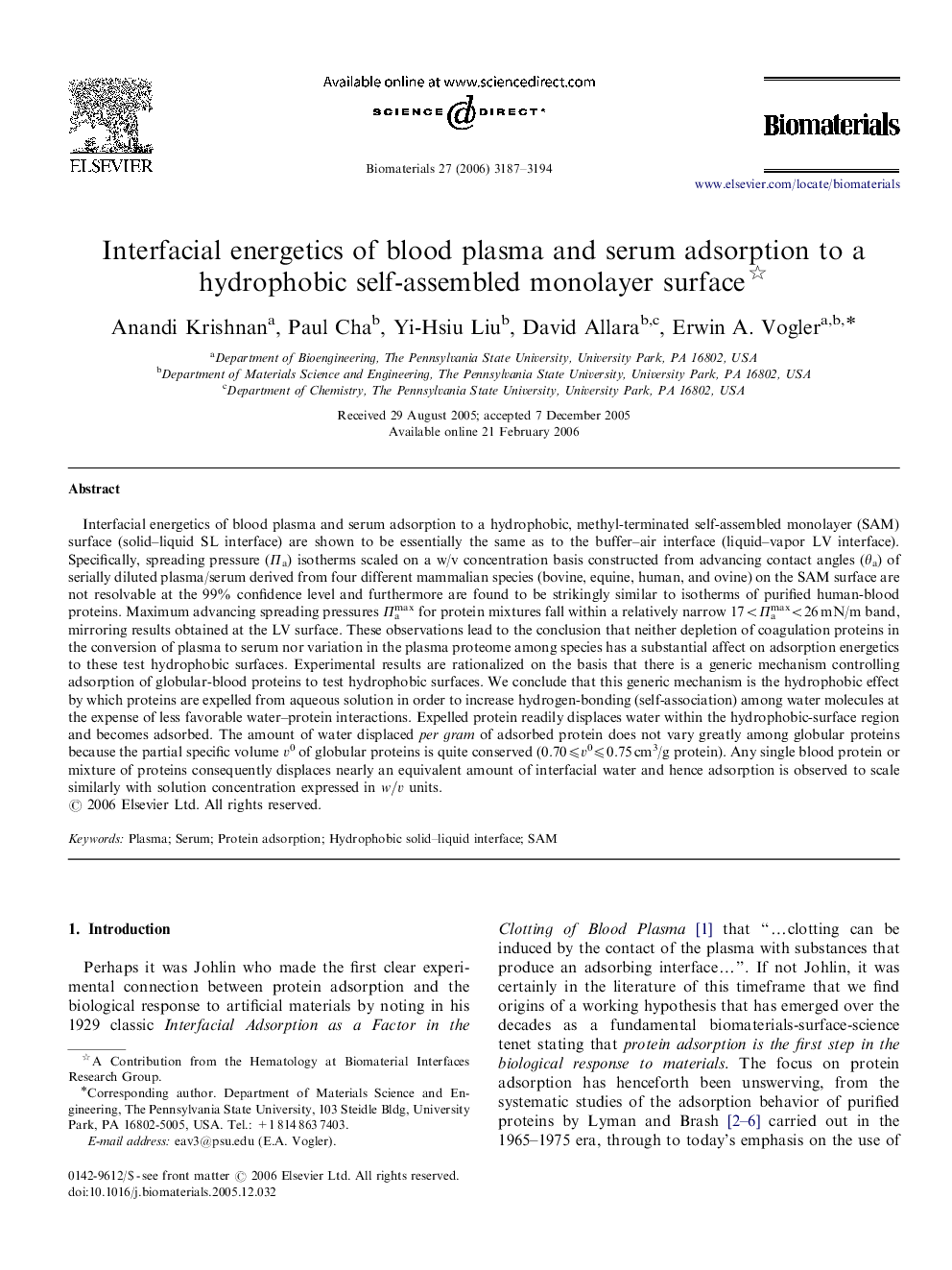 Interfacial energetics of blood plasma and serum adsorption to a hydrophobic self-assembled monolayer surface 