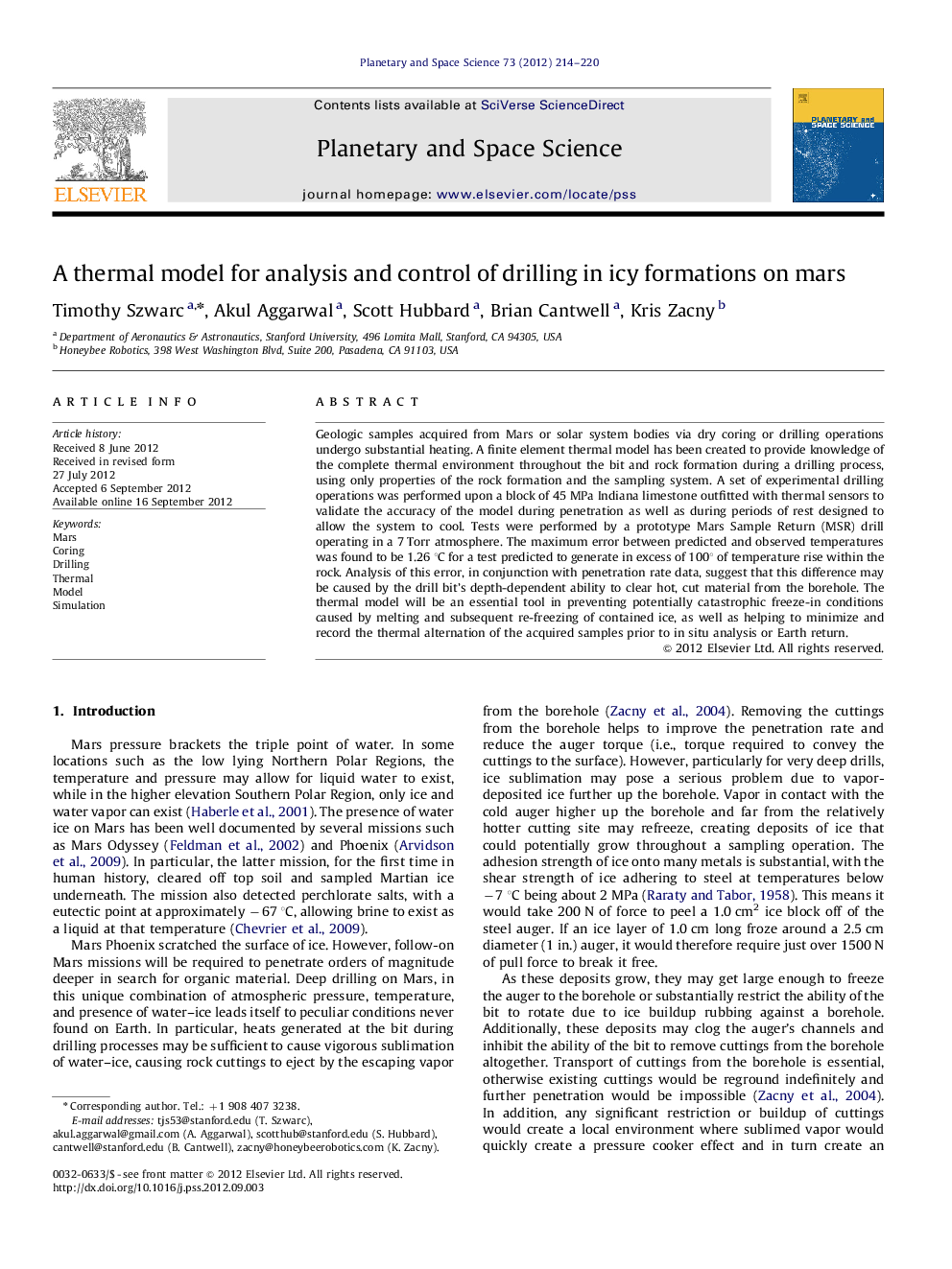 A thermal model for analysis and control of drilling in icy formations on mars