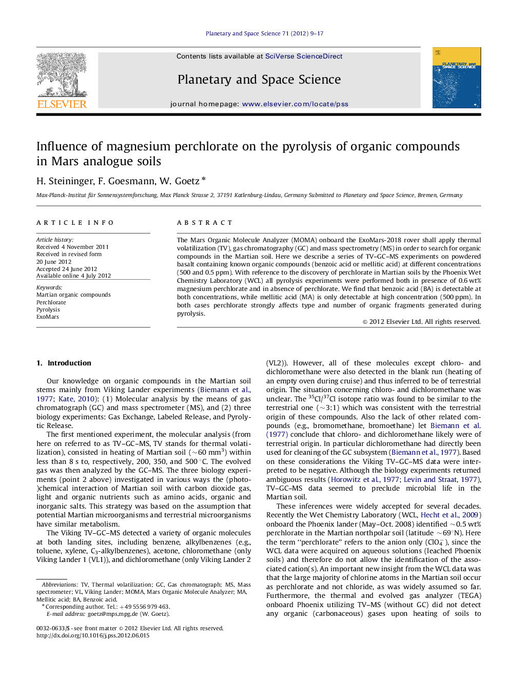 Influence of magnesium perchlorate on the pyrolysis of organic compounds in Mars analogue soils