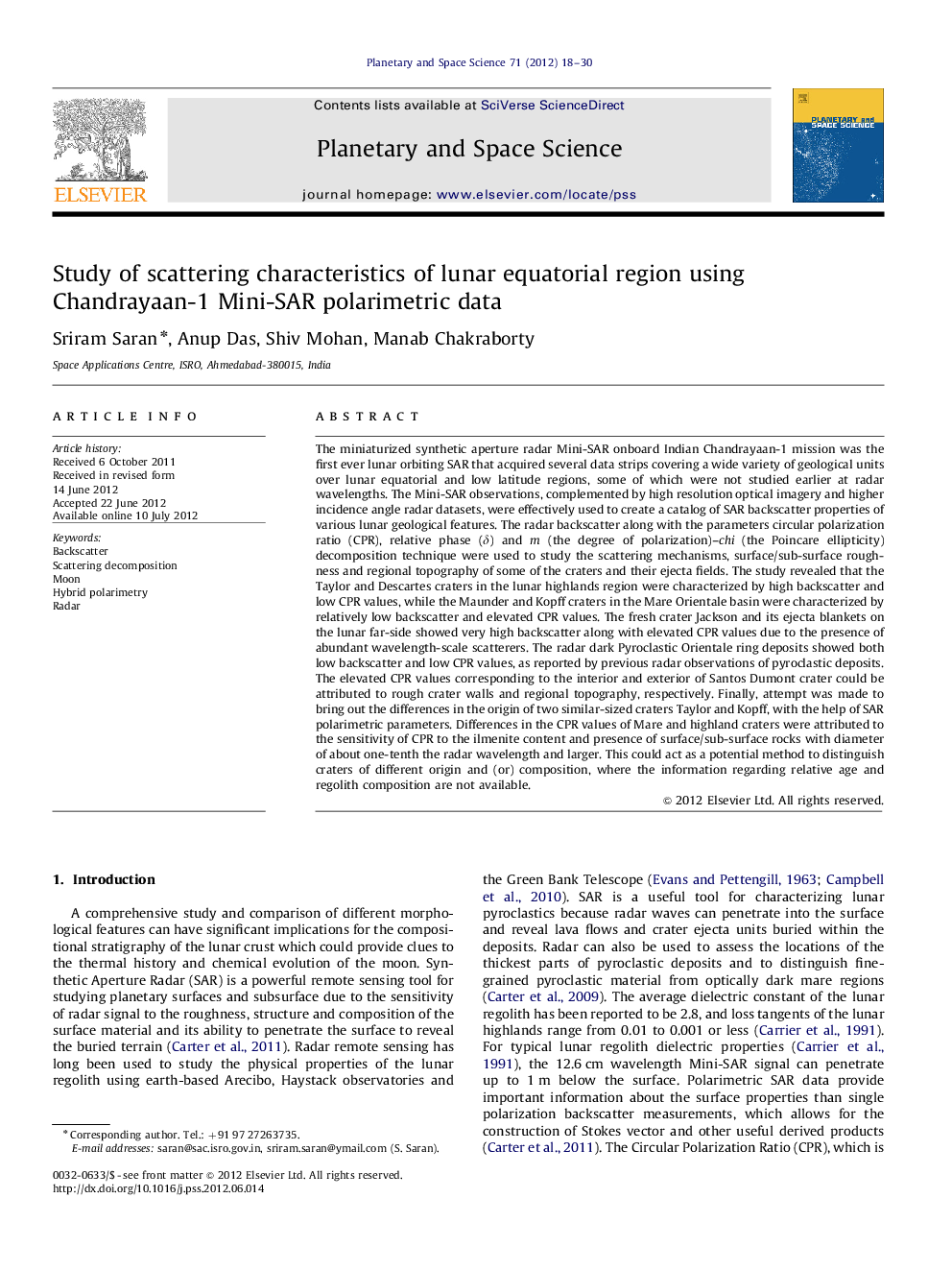 Study of scattering characteristics of lunar equatorial region using Chandrayaan-1 Mini-SAR polarimetric data