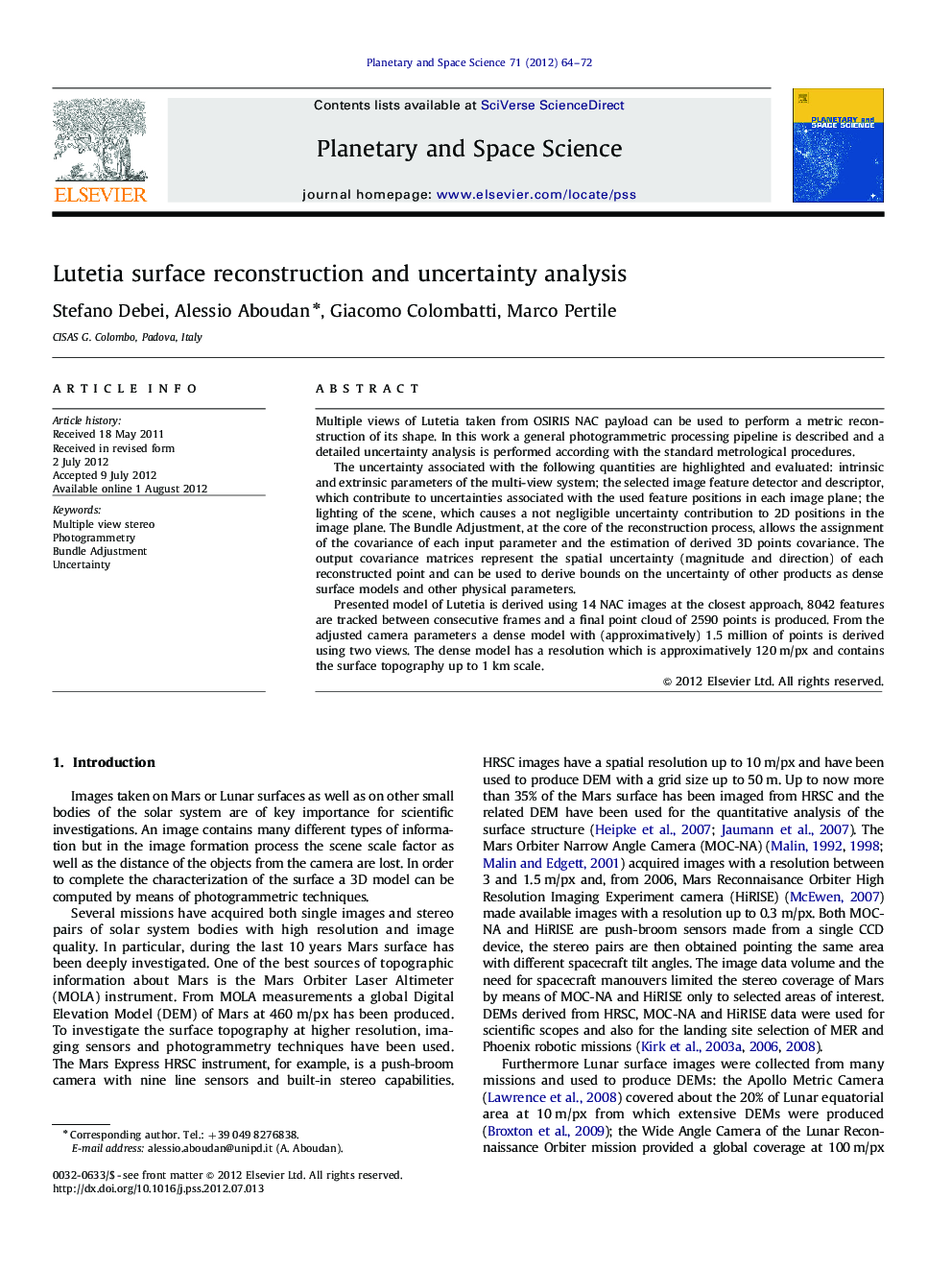 Lutetia surface reconstruction and uncertainty analysis