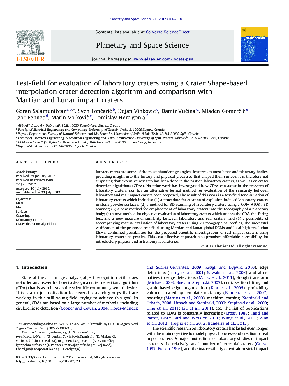 Test-field for evaluation of laboratory craters using a Crater Shape-based interpolation crater detection algorithm and comparison with Martian and Lunar impact craters
