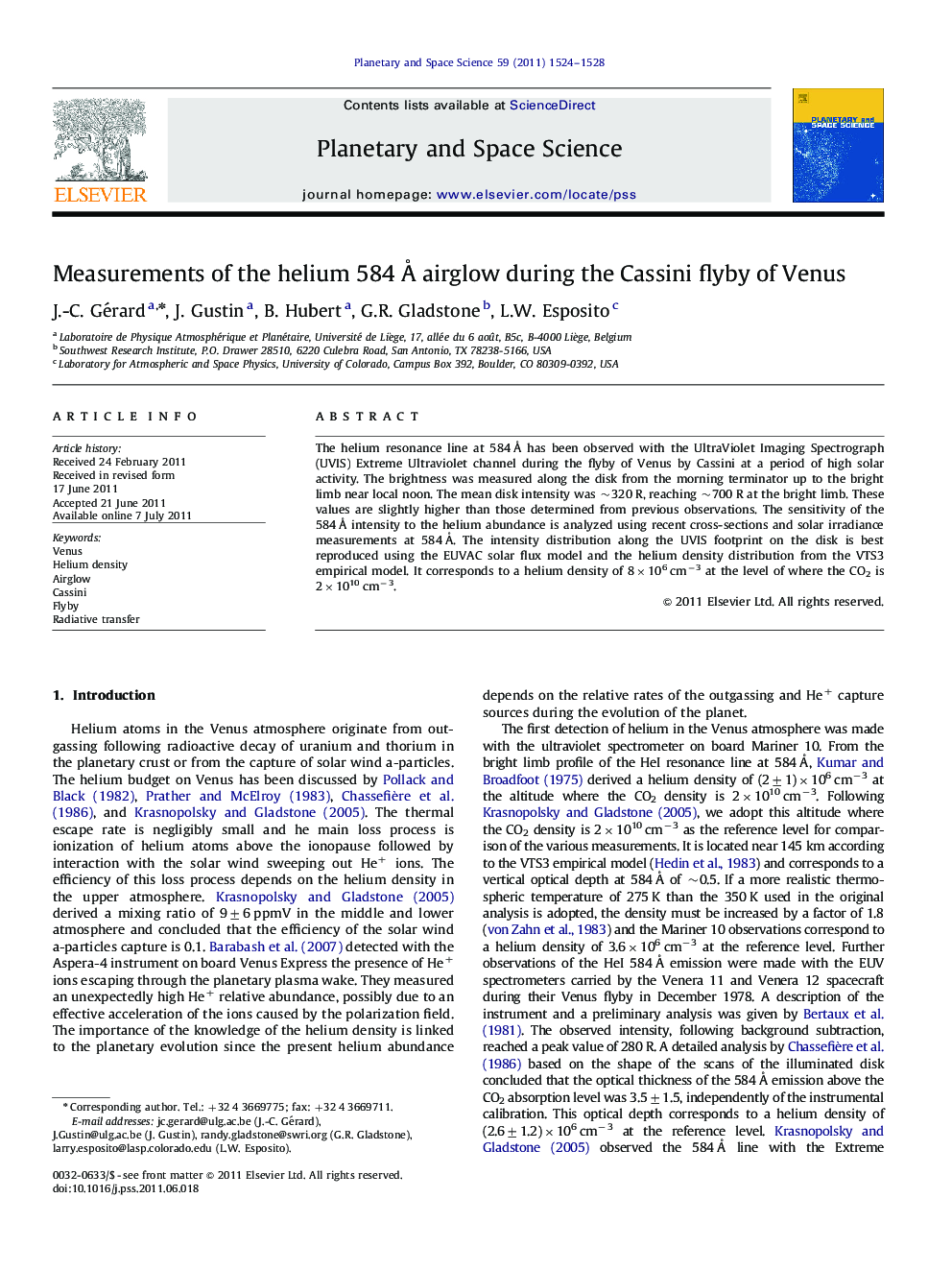 Measurements of the helium 584Â Ã airglow during the Cassini flyby of Venus