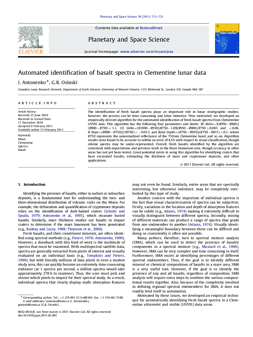 Automated identification of basalt spectra in Clementine lunar data
