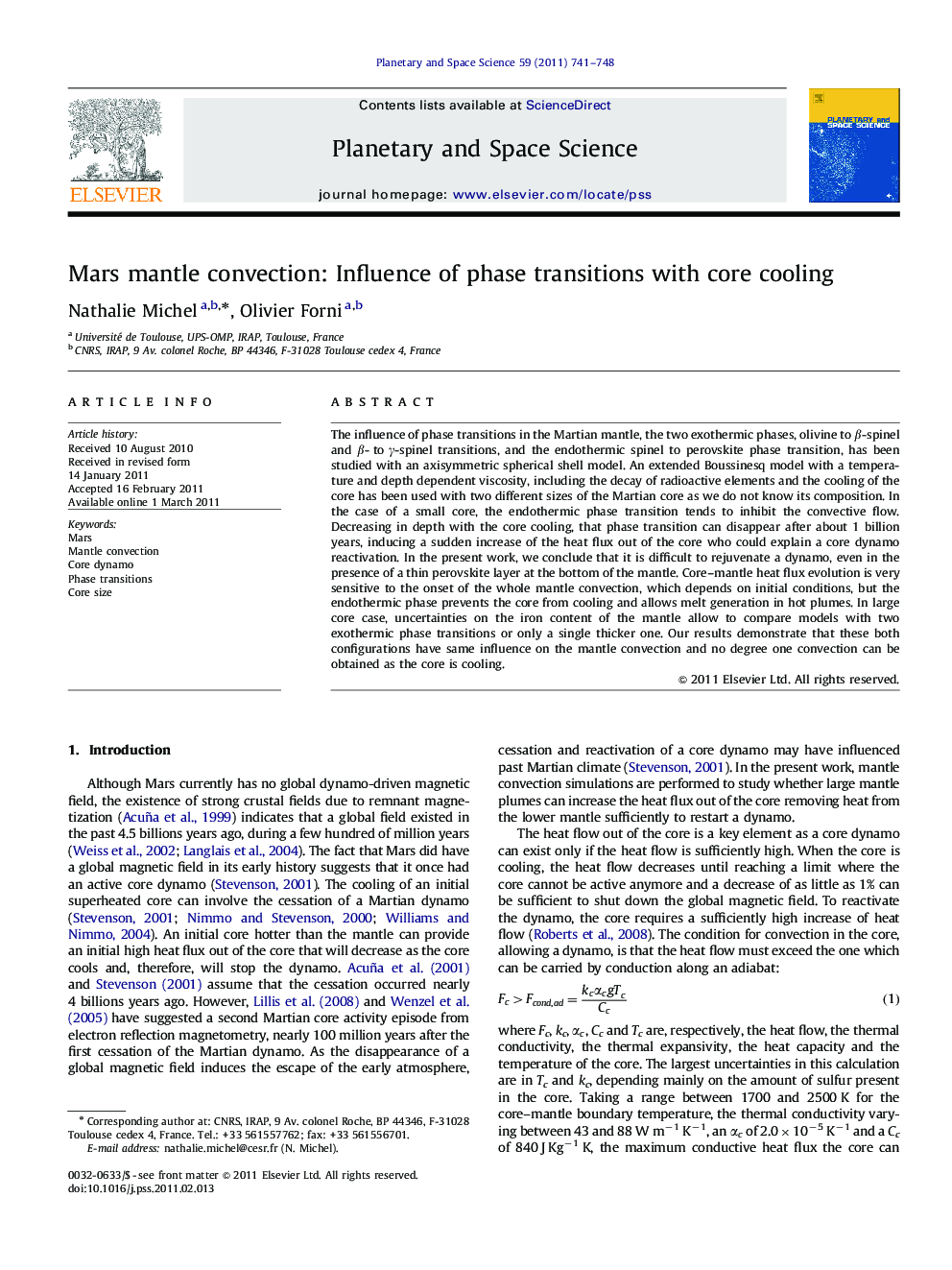 Mars mantle convection: Influence of phase transitions with core cooling