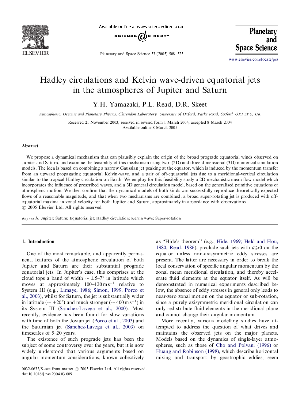 Hadley circulations and Kelvin wave-driven equatorial jets in the atmospheres of Jupiter and Saturn